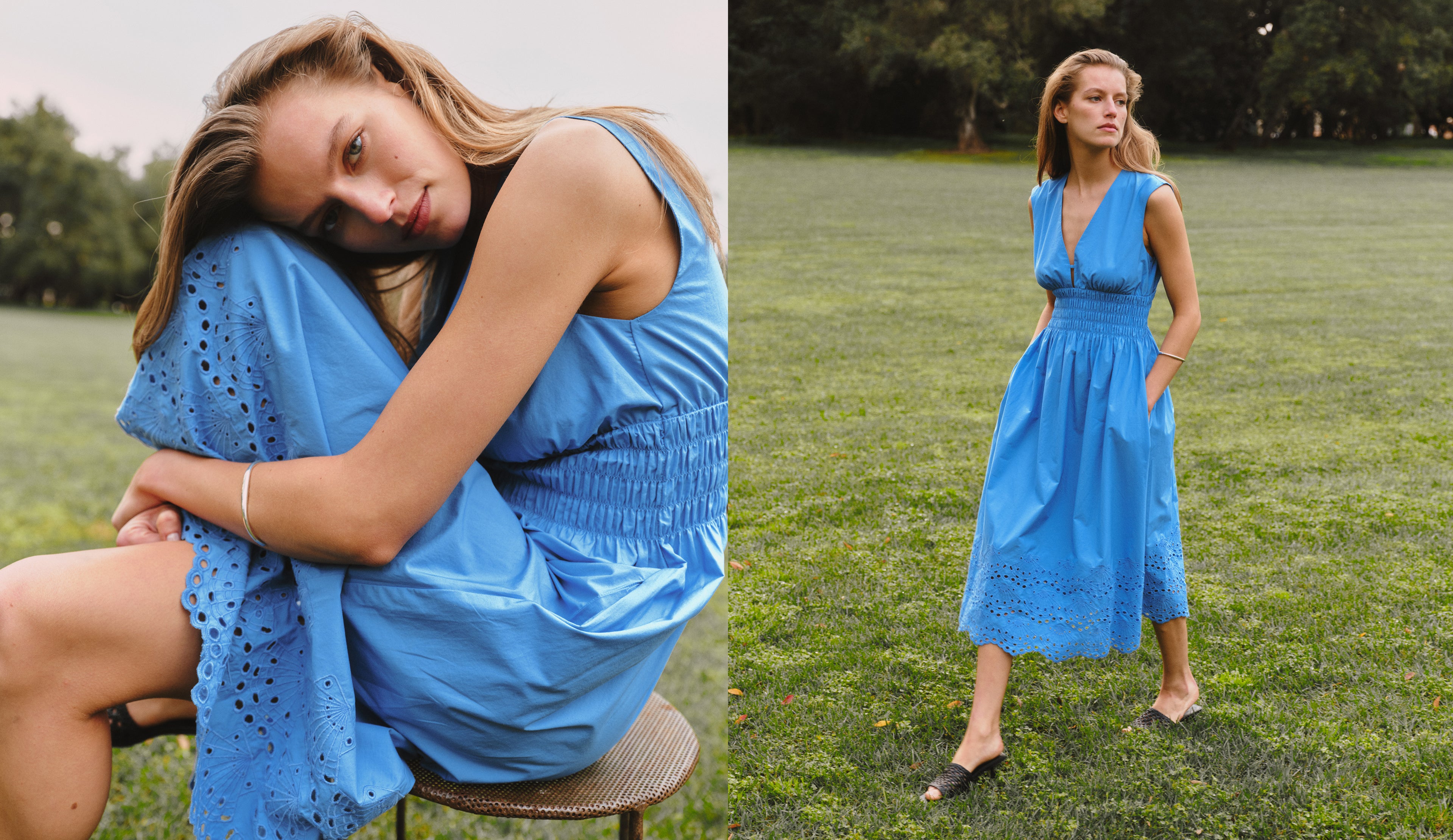 Two images of a woman in a blue dress sitting on a stool and standing in a grassy field.