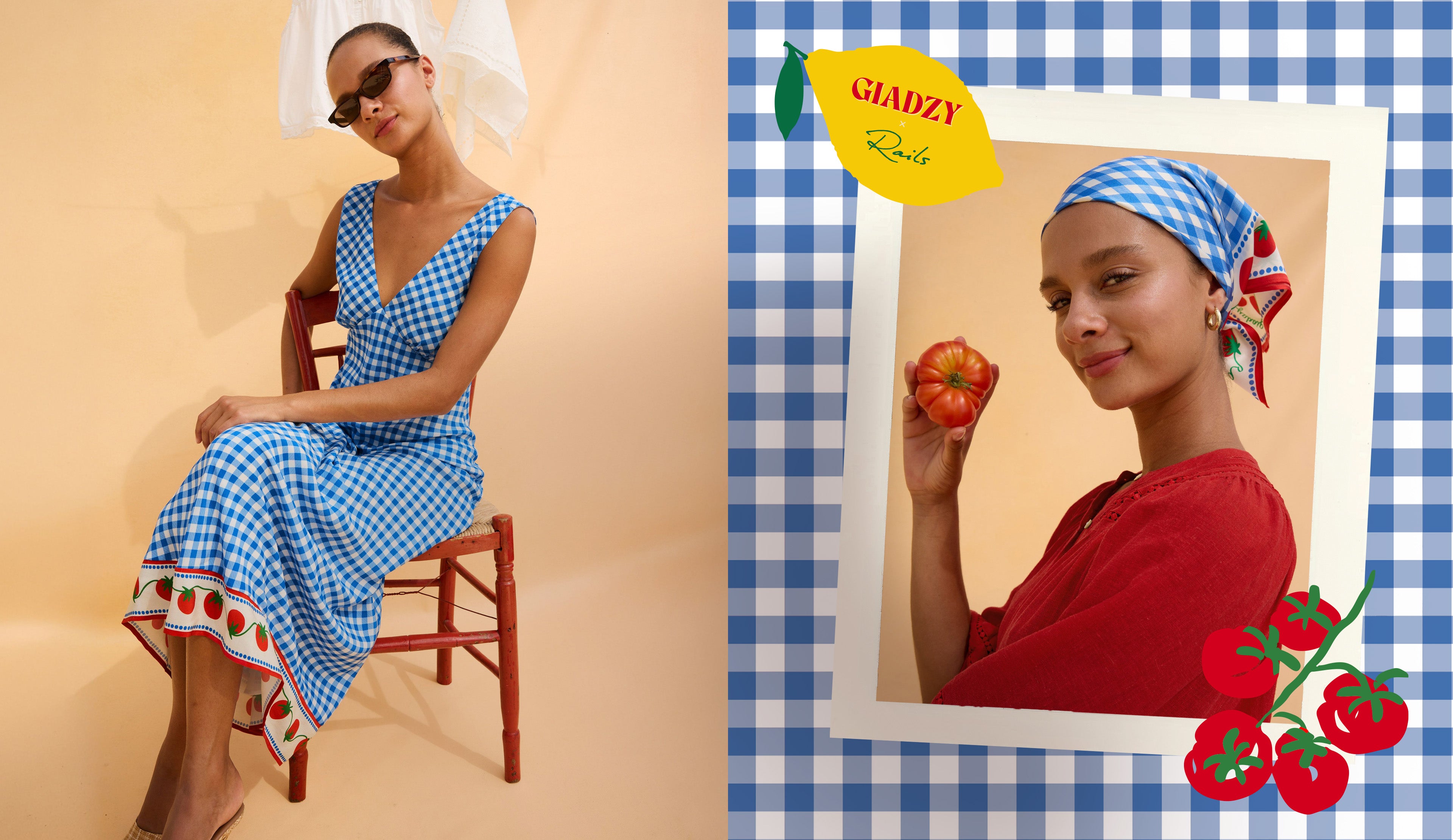Two images of a woman in a blue checkered dress and a head scarf 