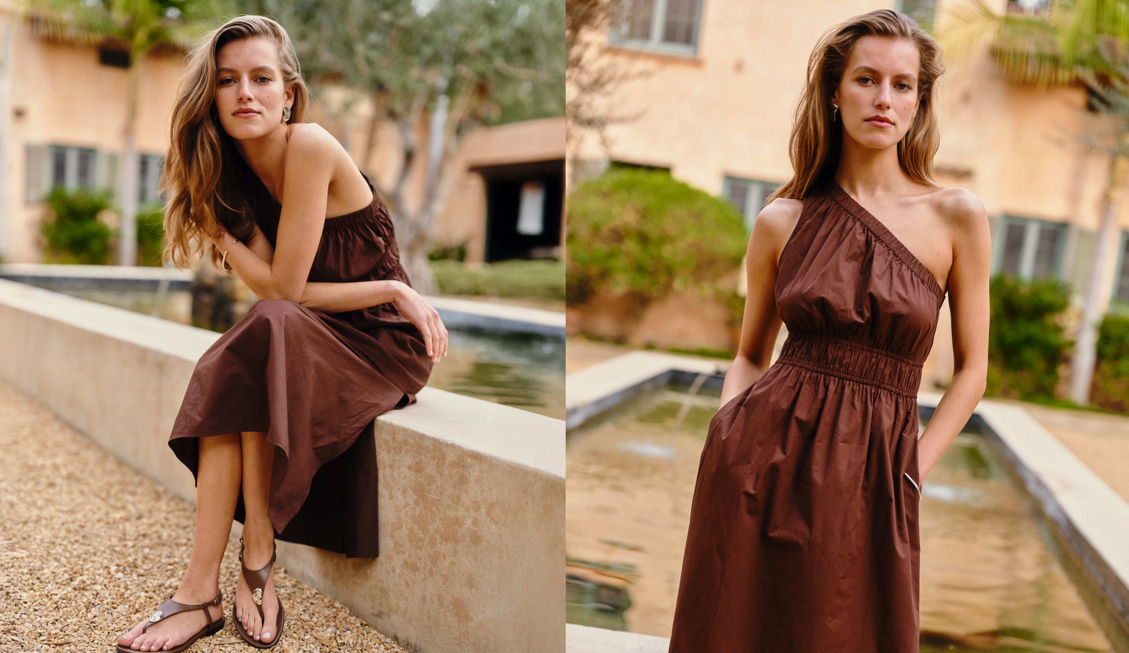 Woman in a brown dress sitting by a fountain in a garden setting