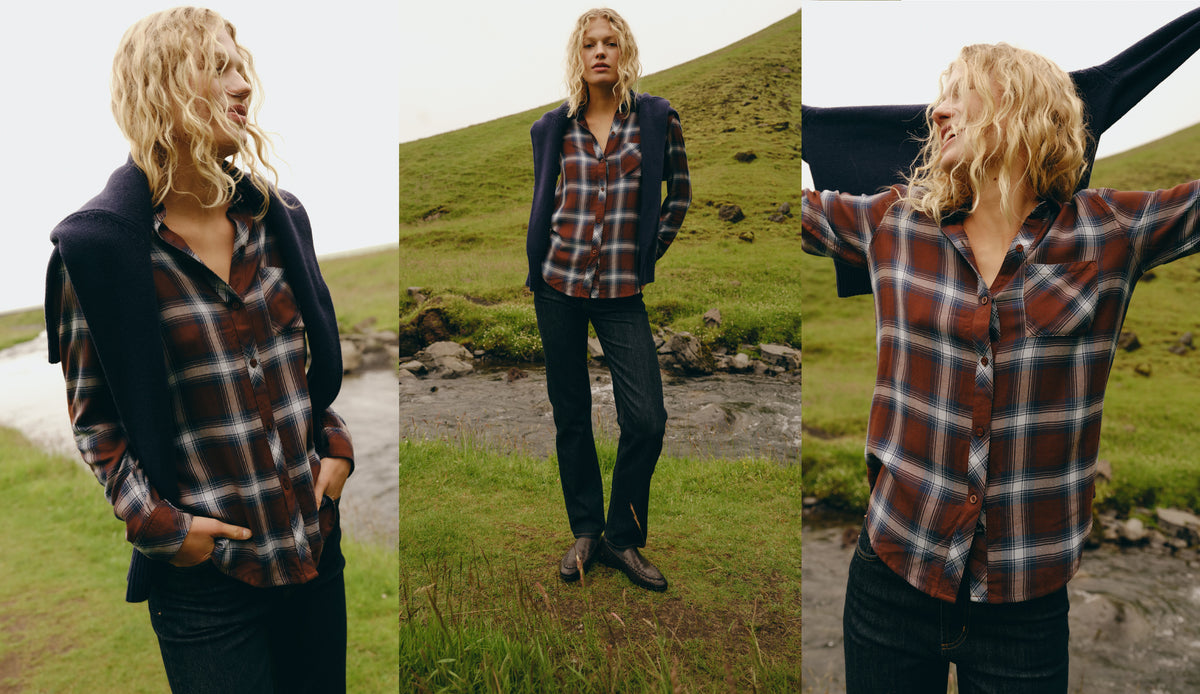A three-panel lifestyle photo of a woman outdoors wearing a red, black, and white plaid button-up shirt, paired with a dark blazer and jeans, standing on a grassy hill.