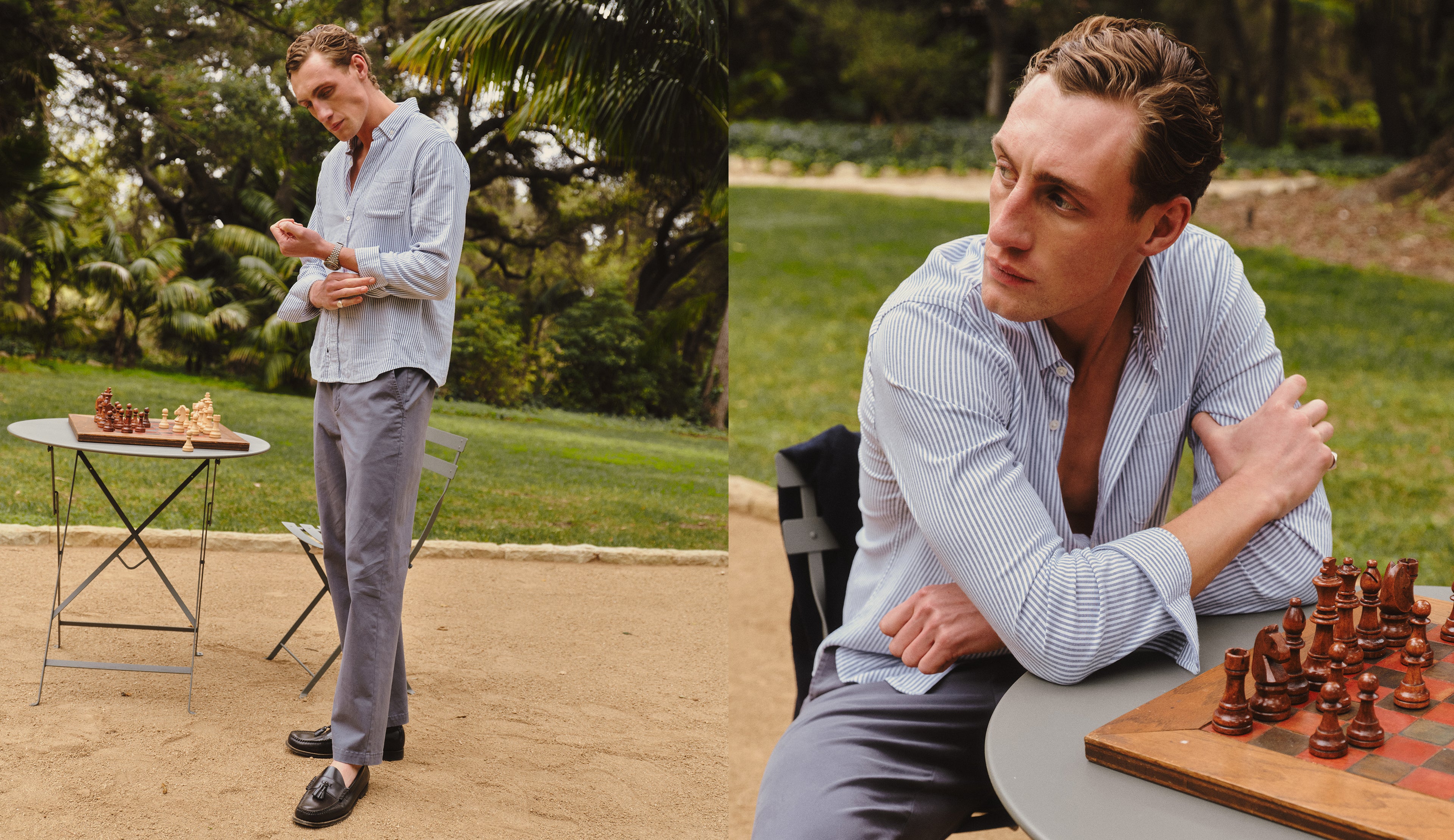 Man playing chess outdoors with a scenic background
