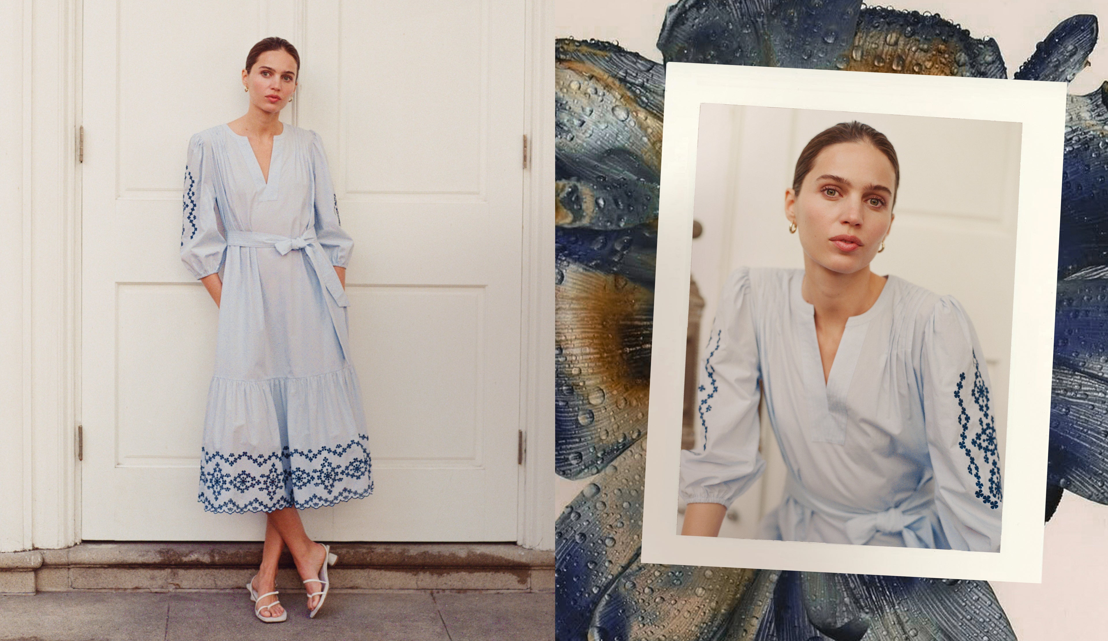 Two images of a woman modeling a light blue midi dress with navy embroidery.