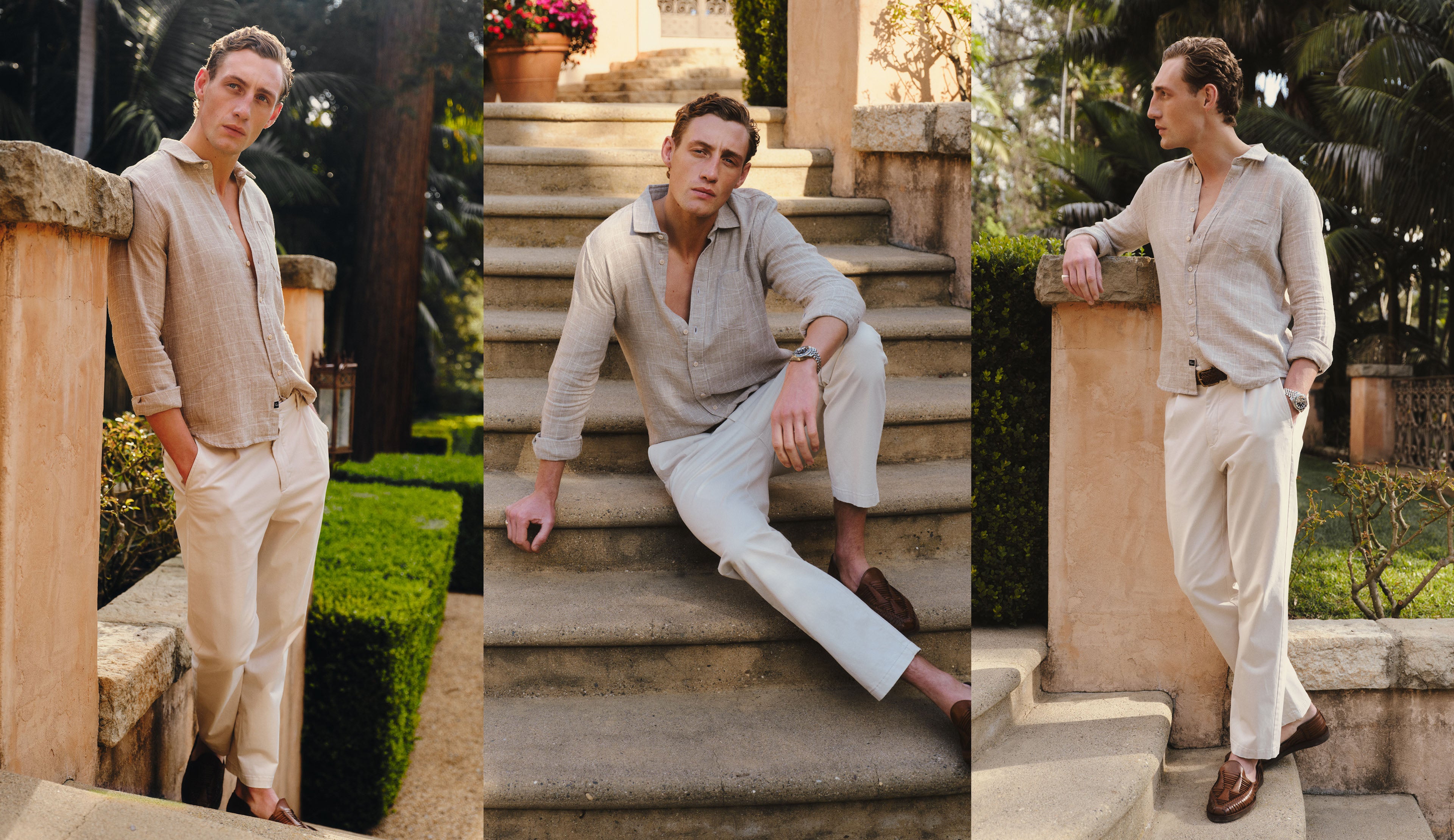 Man wearing beige shirt with light colored pants