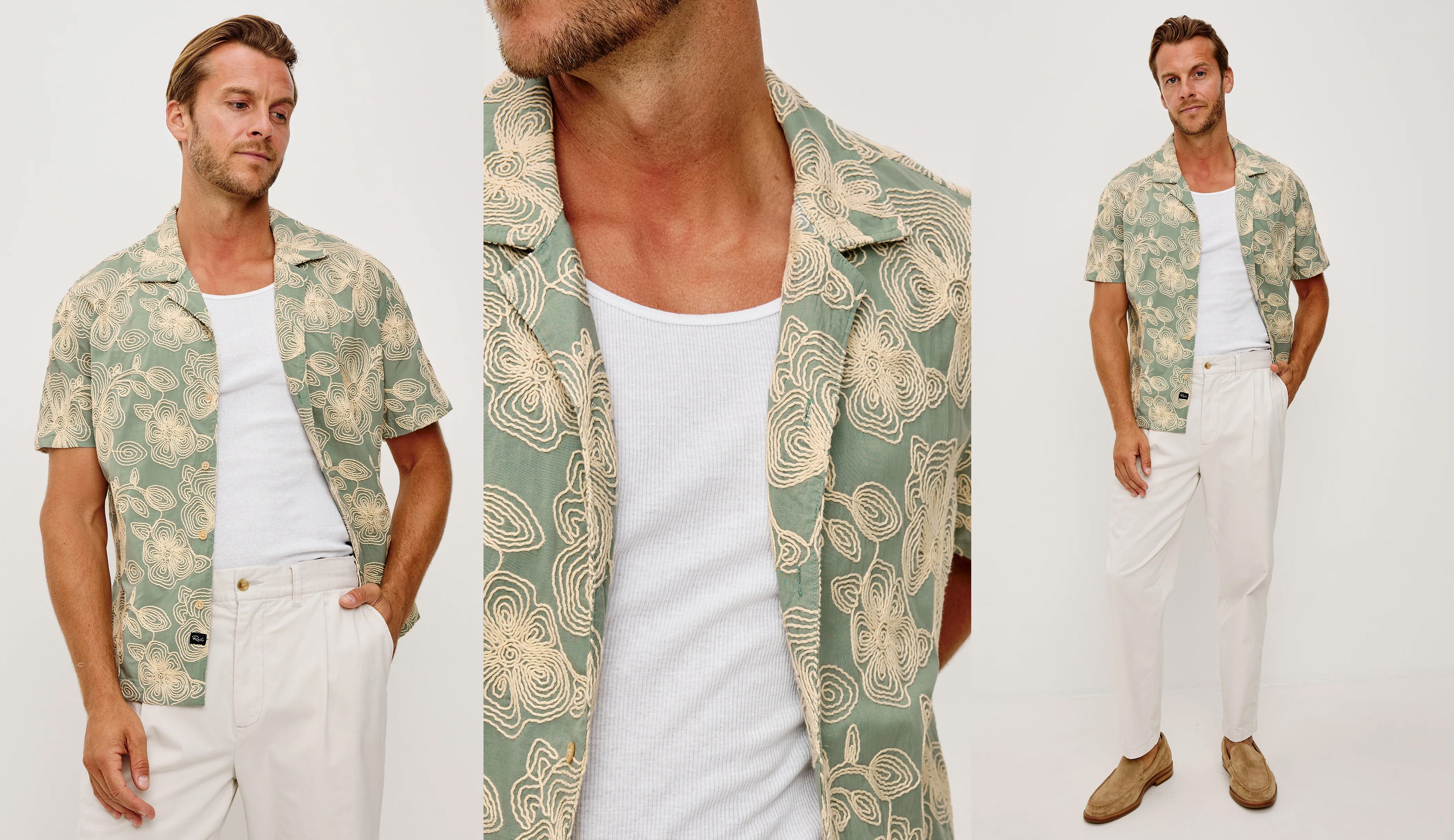 Man wearing a patterned shirt and white pants on a plain background