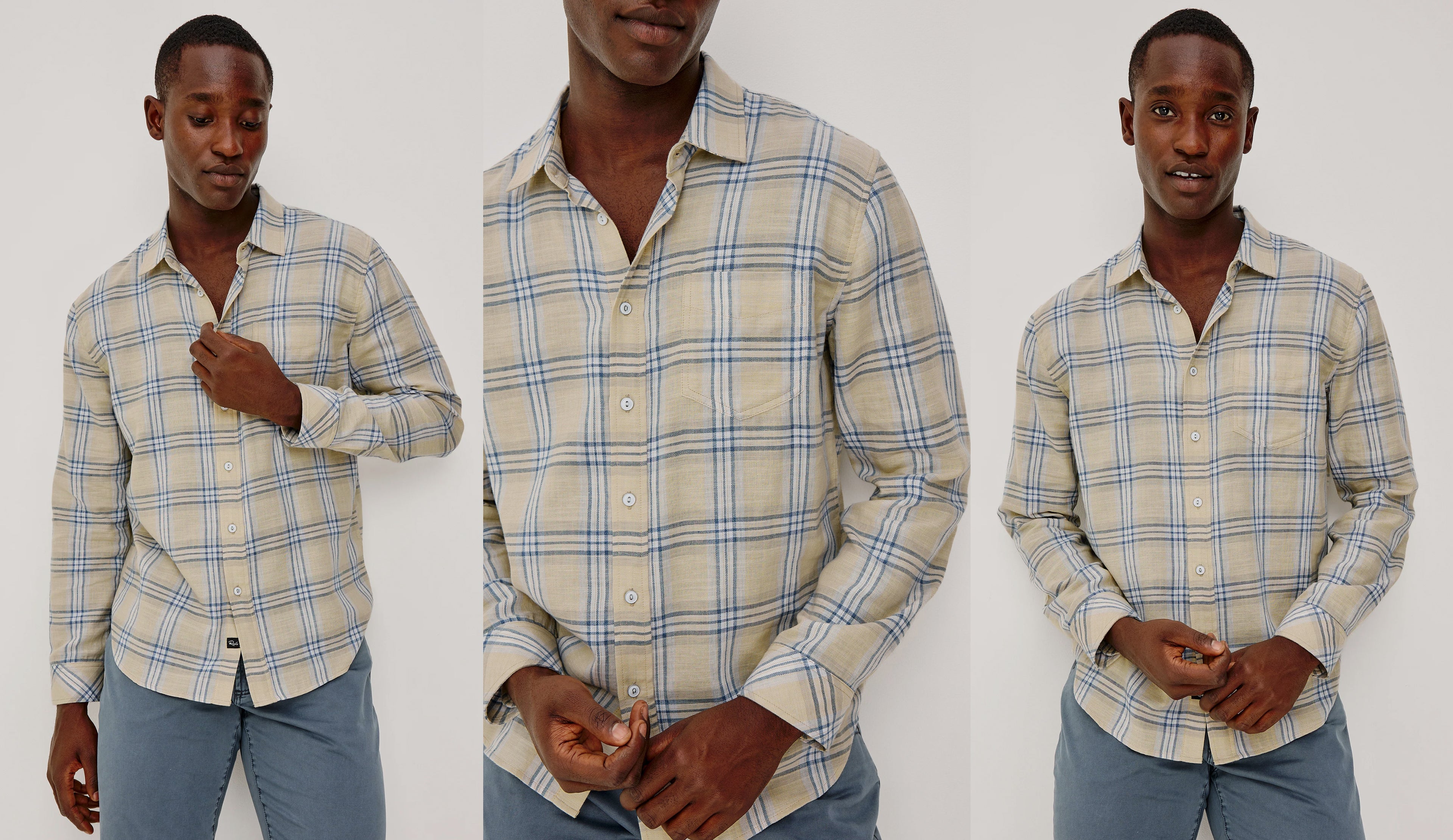Images of a man modeling a beige and blue plaid button-down shirt on a white background.