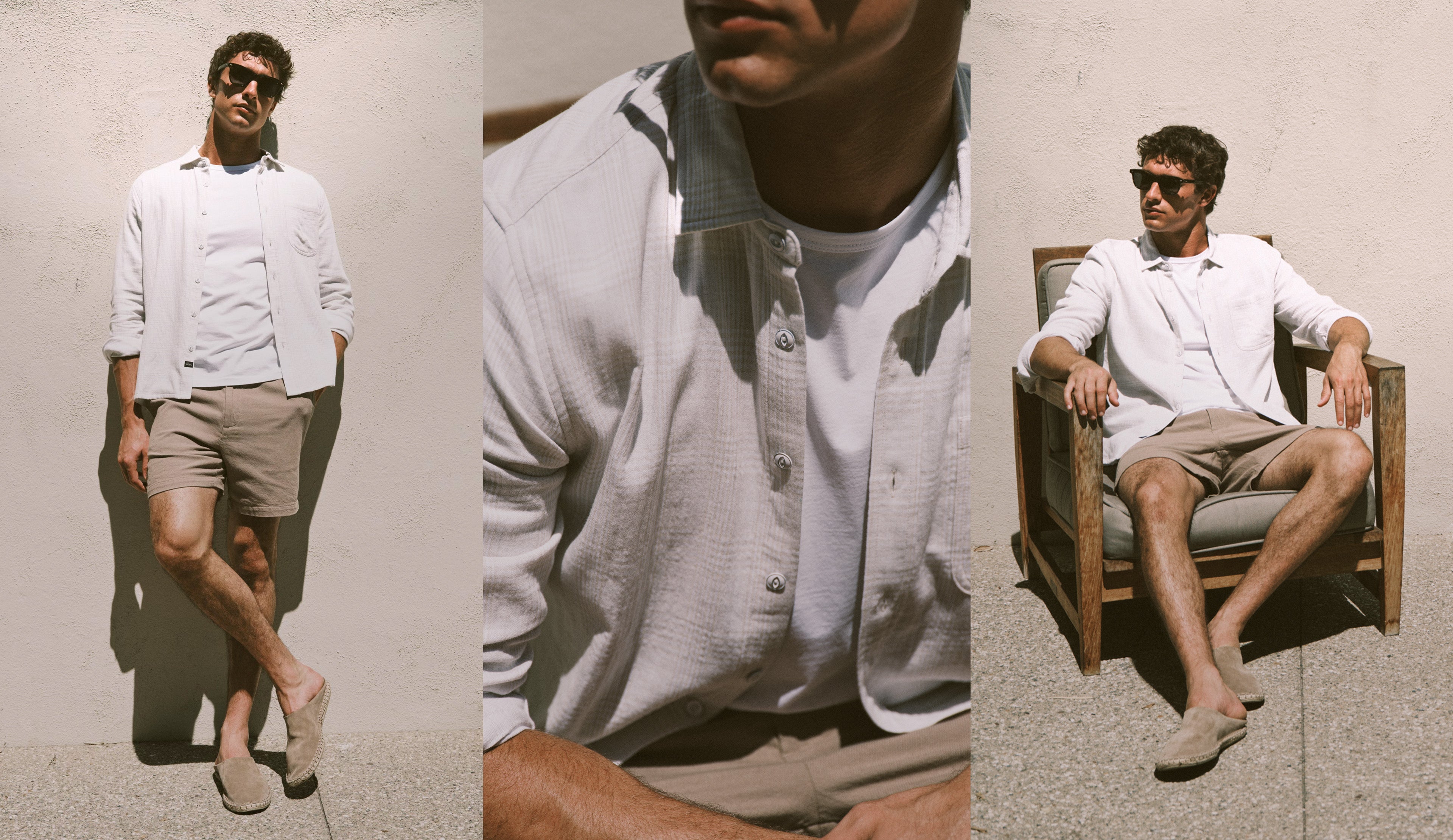 A three-panel lifestyle photo of a man wearing a light-colored linen button-up shirt, beige shorts, and sunglasses, shown standing, in a close-up, and sitting in a wooden chair against a textured beige wall.