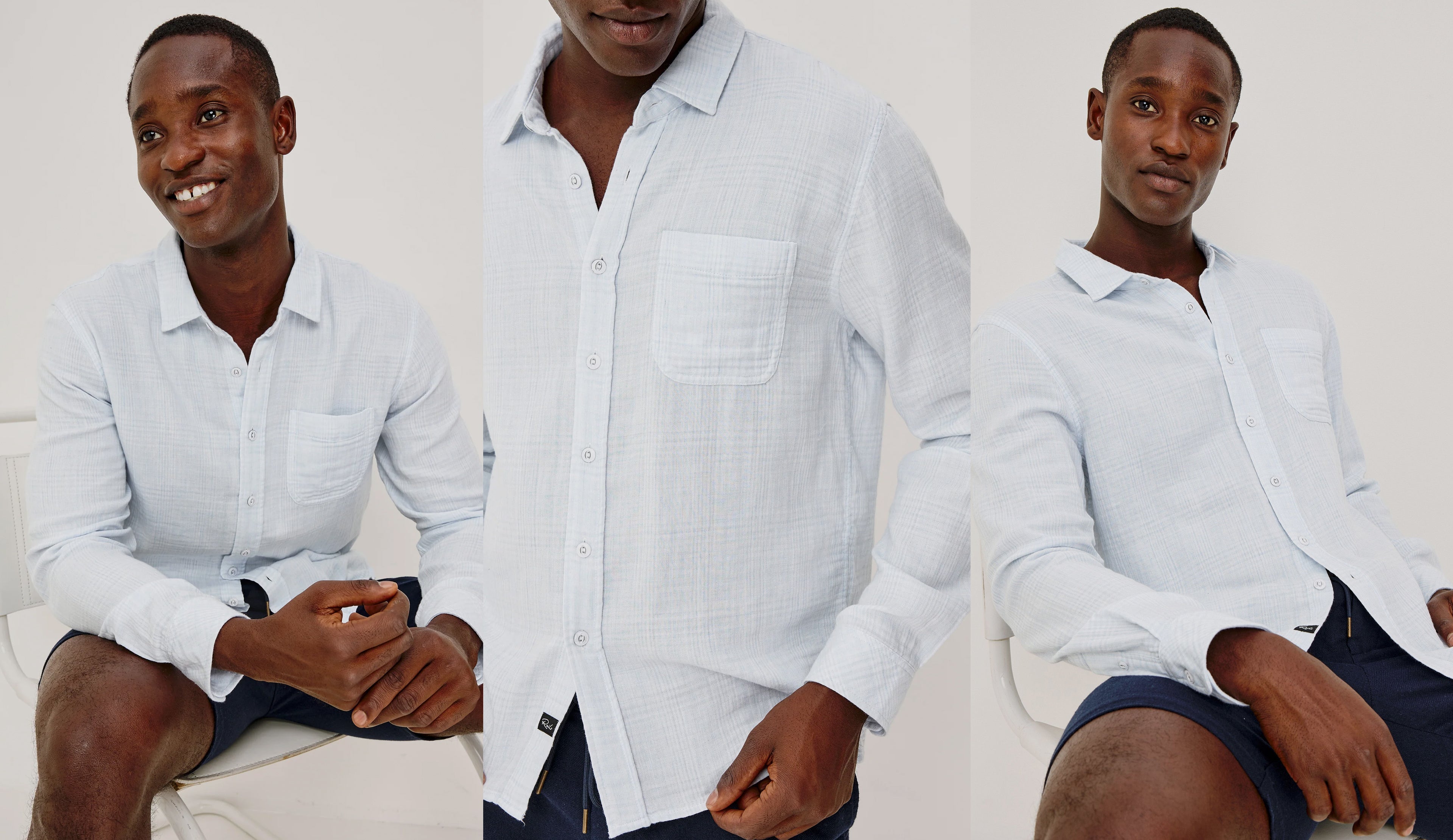 Three images of a man wearing a light blue shirt and blue shorts against a white background.