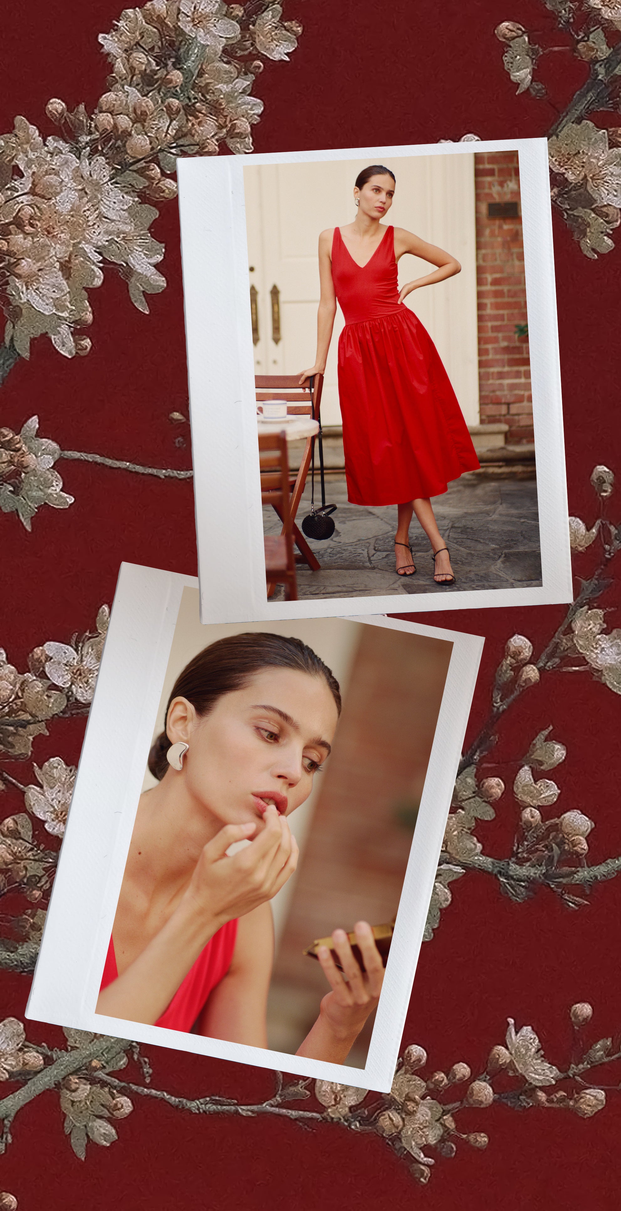 Woman in a red dress outdoors with a close-up inset of her applying lipstick.