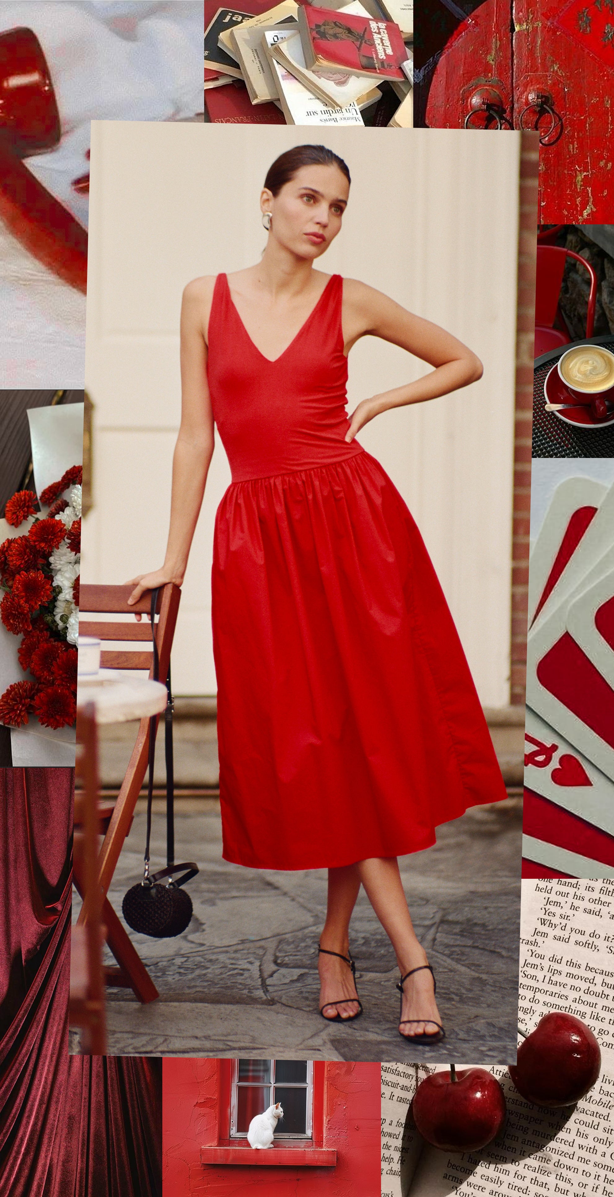 Woman in a red dress with close-up shots of red objects and a collage of images featuring red.