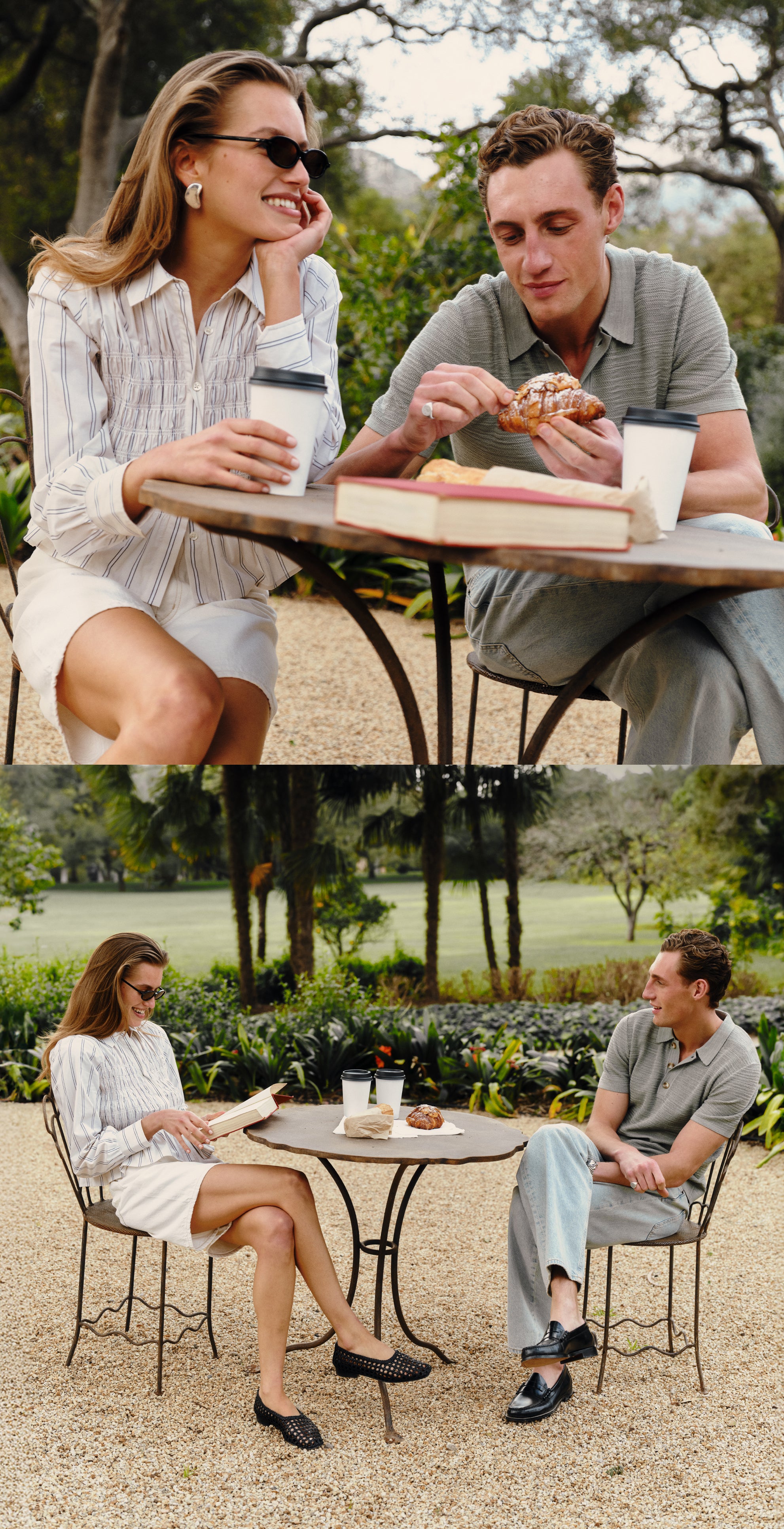 Man and woman models sitting at a small table outdoors, one reading a book.