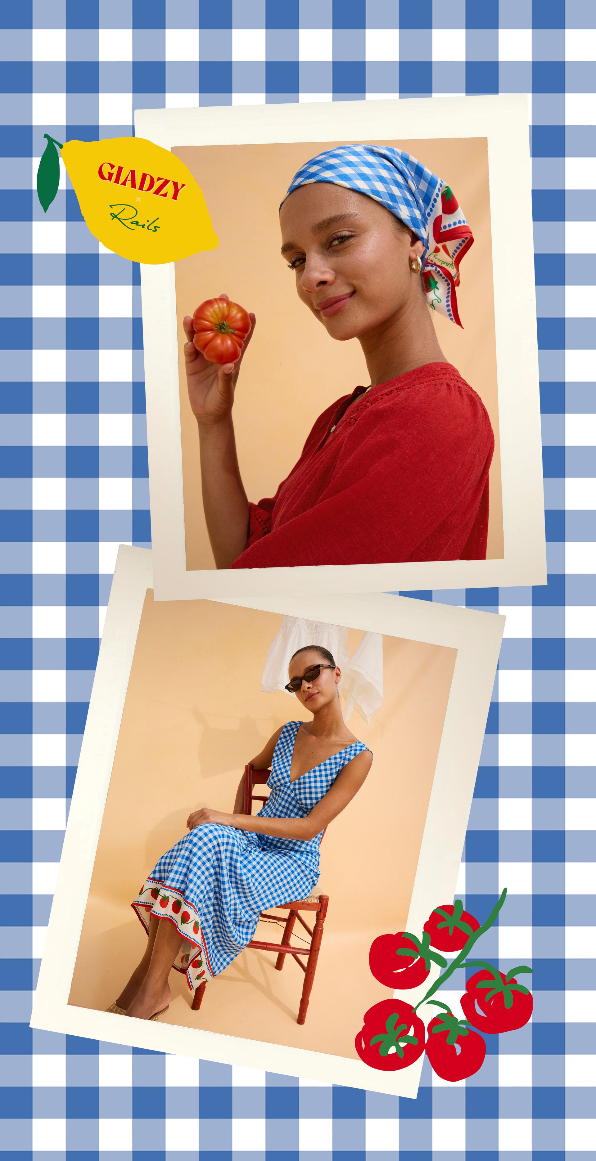 Two images of a woman in a blue checkered dress and a head scarf 