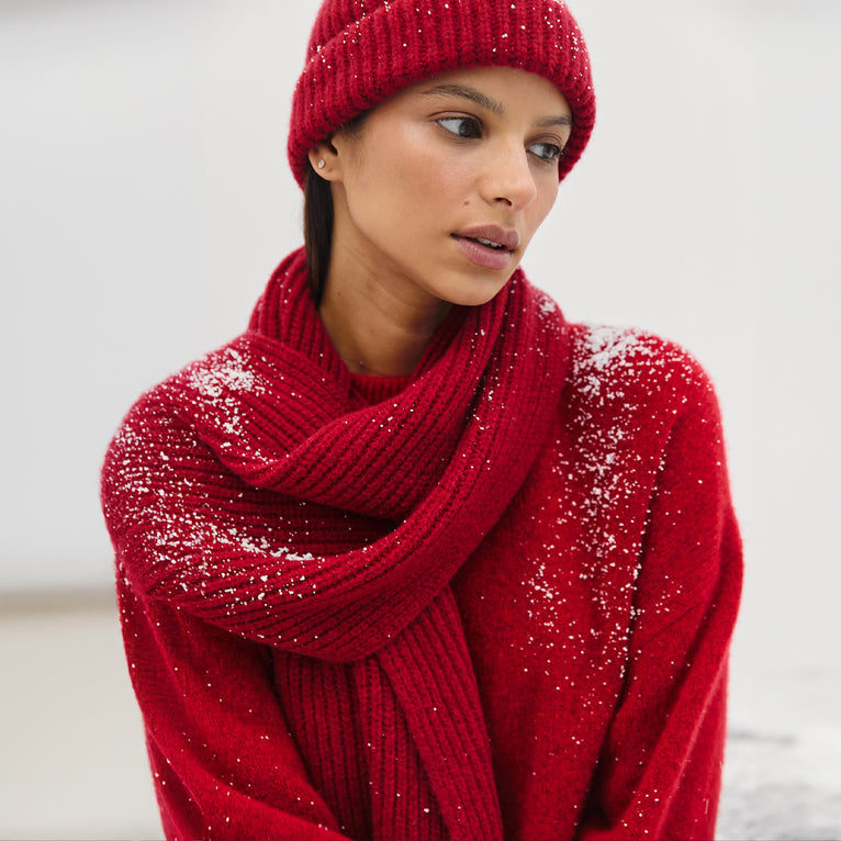 EDITORIAL IMAGE OF MODEL WEARING MIRANDA SWEATER, ALPS SCARF, AND AUTUMN BEANIE IN MERLOT