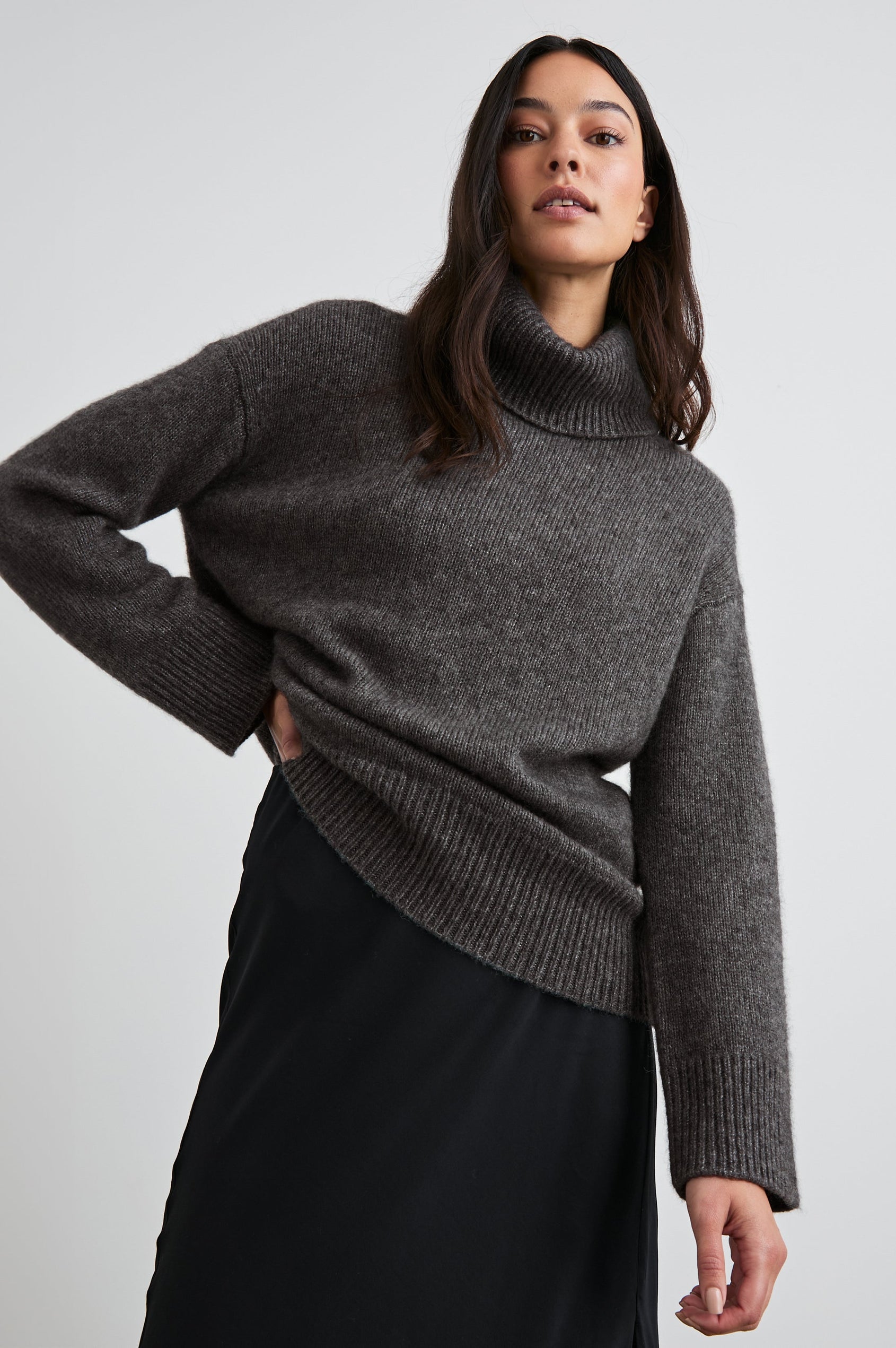 Nadine Long-Sleeve Sweater with a Roll Neck and Ribbed Trim in Thunder Colorway - Front View Featured on Model 