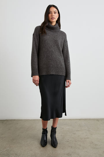 Nadine Long-Sleeve Sweater with a Roll Neck and Ribbed Trim in Thunder Colorway - Front Full Body View Featured on Model 