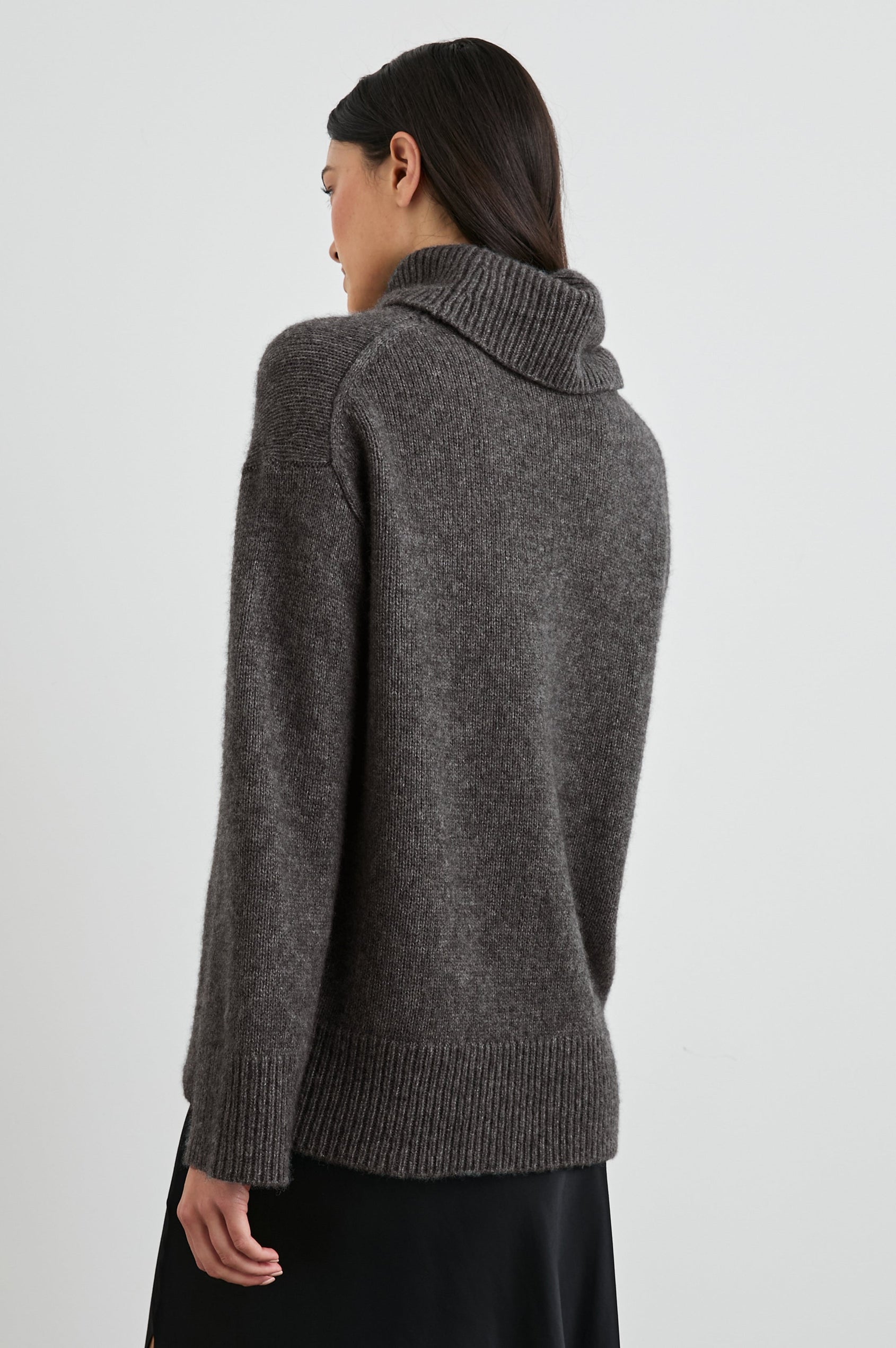 Nadine Long-Sleeve Sweater with a Roll Neck and Ribbed Trim in Thunder Colorway - Back View Featured on Model 