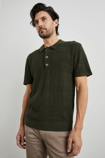 Nathan Short-Sleeve Polo Shirt with a Three-Button Placket and a Jacquard Pattern in Ancient Olive Colorway - Front View Featured on Model