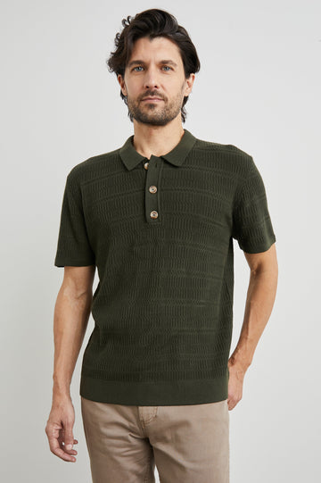 Nathan Short-Sleeve Polo Shirt with a Three-Button Placket and a Jacquard Pattern in Ancient Olive Colorway - Front View Featured on Model