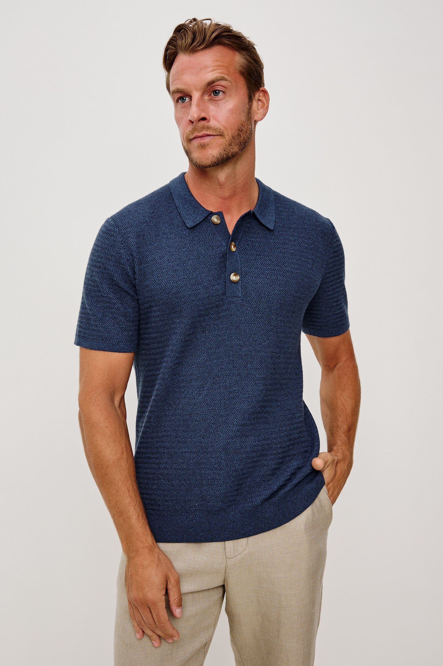 Nathan Polo Shirt in Cotton Blend Knit With Collar, Quarter Button Placket, and Short Sleeves in Harbour Colorway - Upper Body Front View Featured on Model