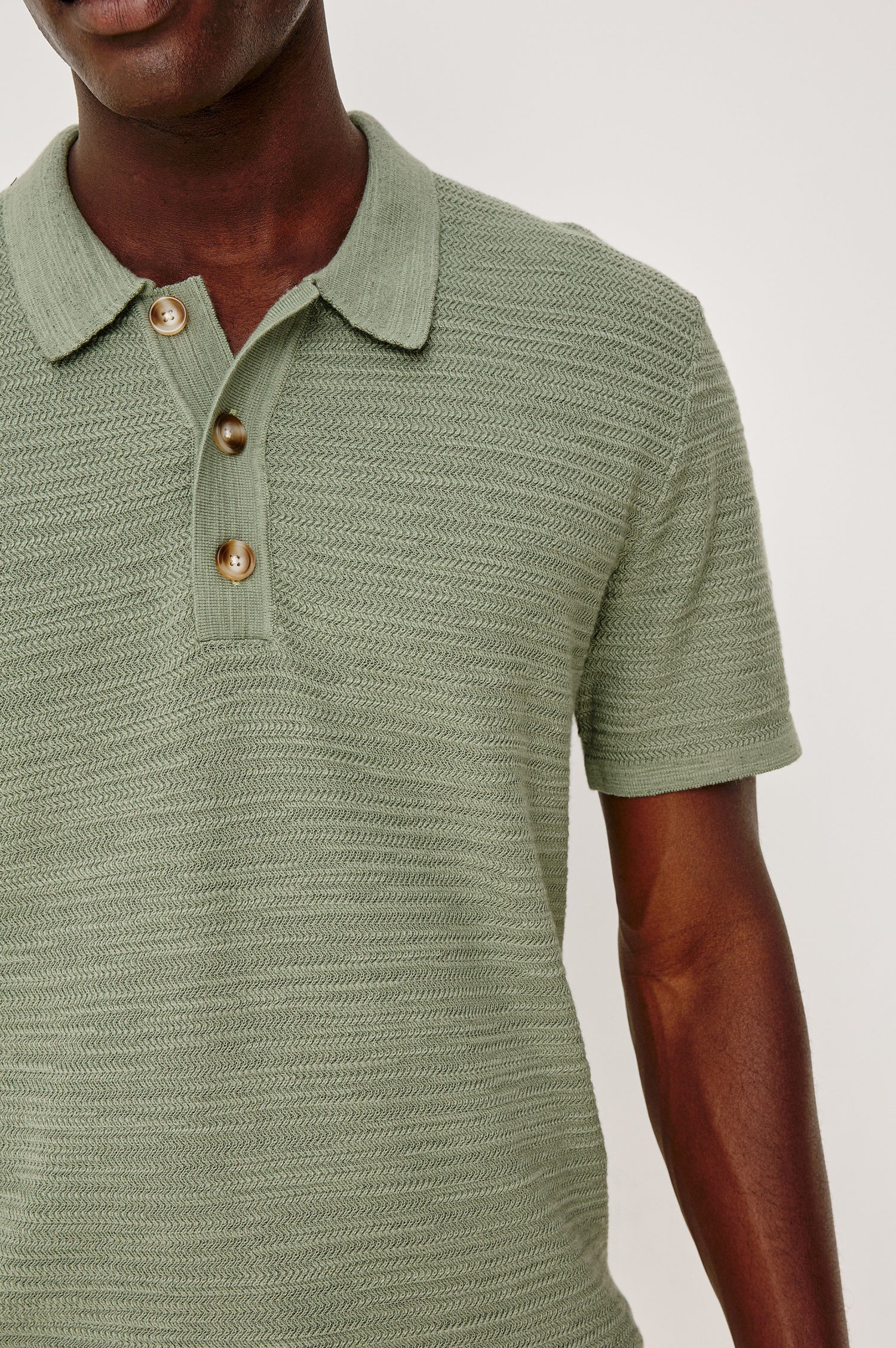 Nathan Polo Shirt in Cotton Blend Knit With Collar, Quarter Button Placket, and Short Sleeves in Silver Sage Colorway - Upper Body Front Close Up View Featured on Model
