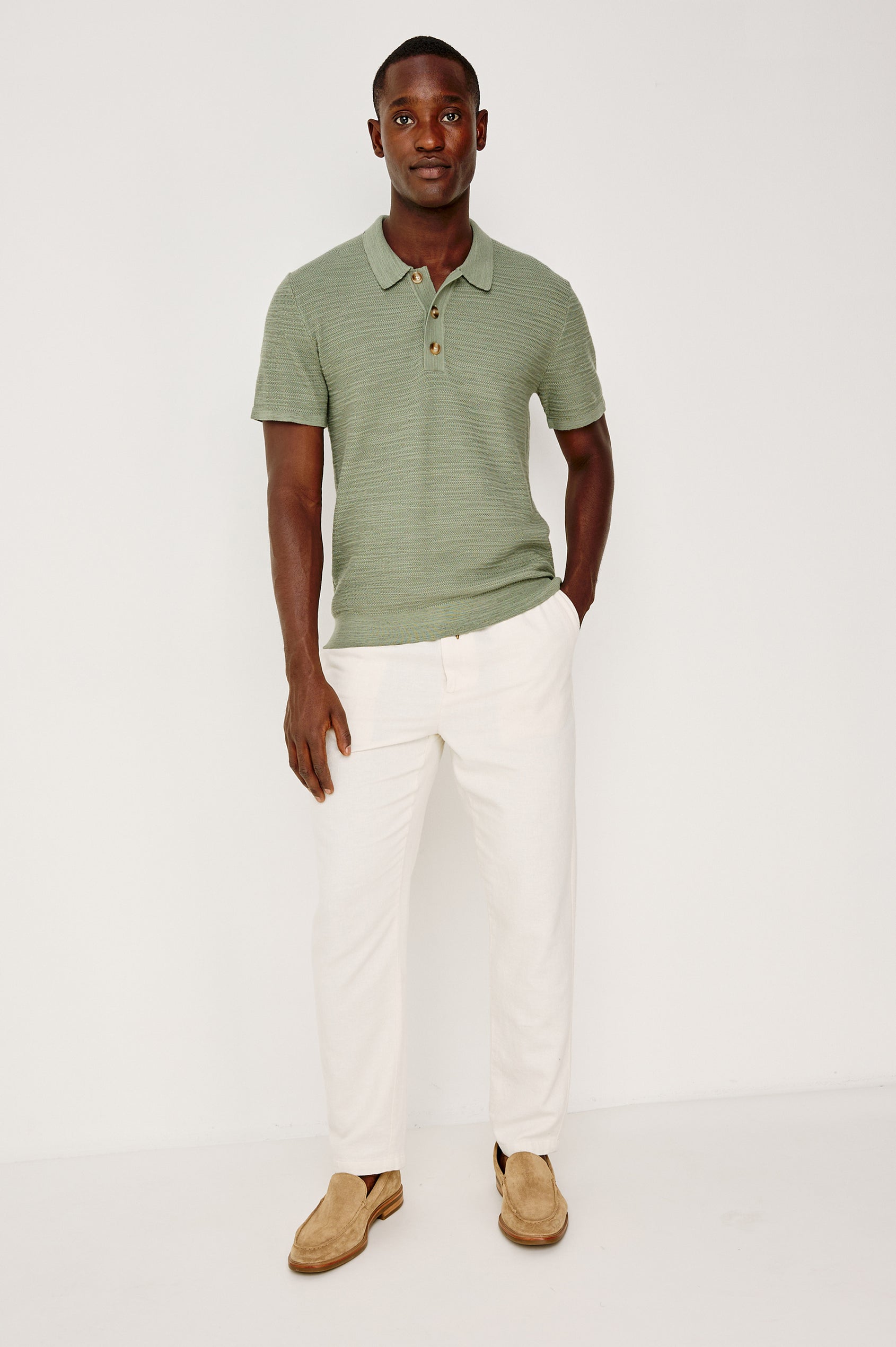 Nathan Polo Shirt in Cotton Blend Knit With Collar, Quarter Button Placket, and Short Sleeves in Silver Sage Colorway - Full Body Front View Featured on Model