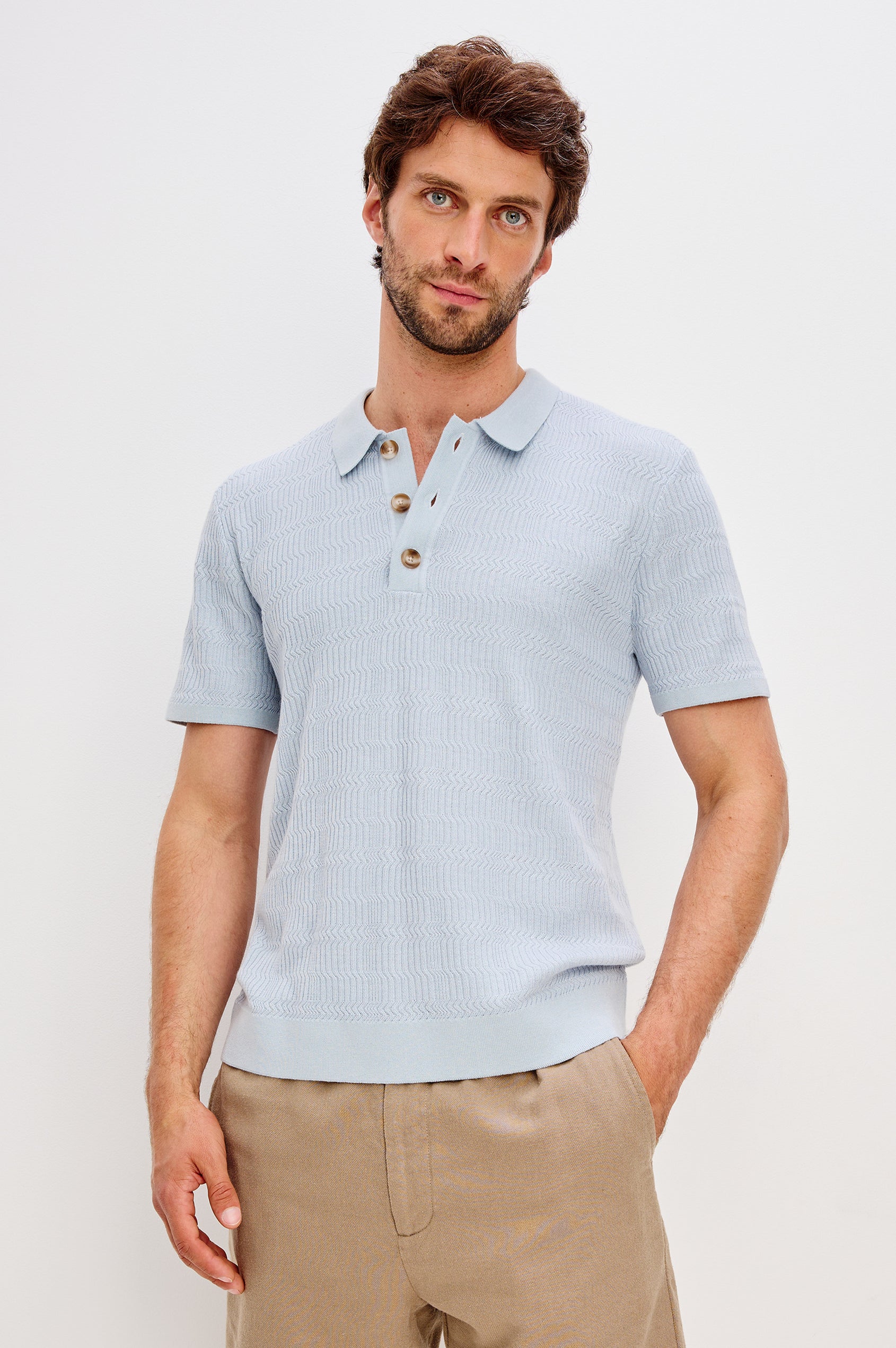 Nathan Short-Sleeve Polo Shirt with a Three-Button Placket and a Jacquard Pattern in Skyway Colorway - Front Full Body View Featured on Model