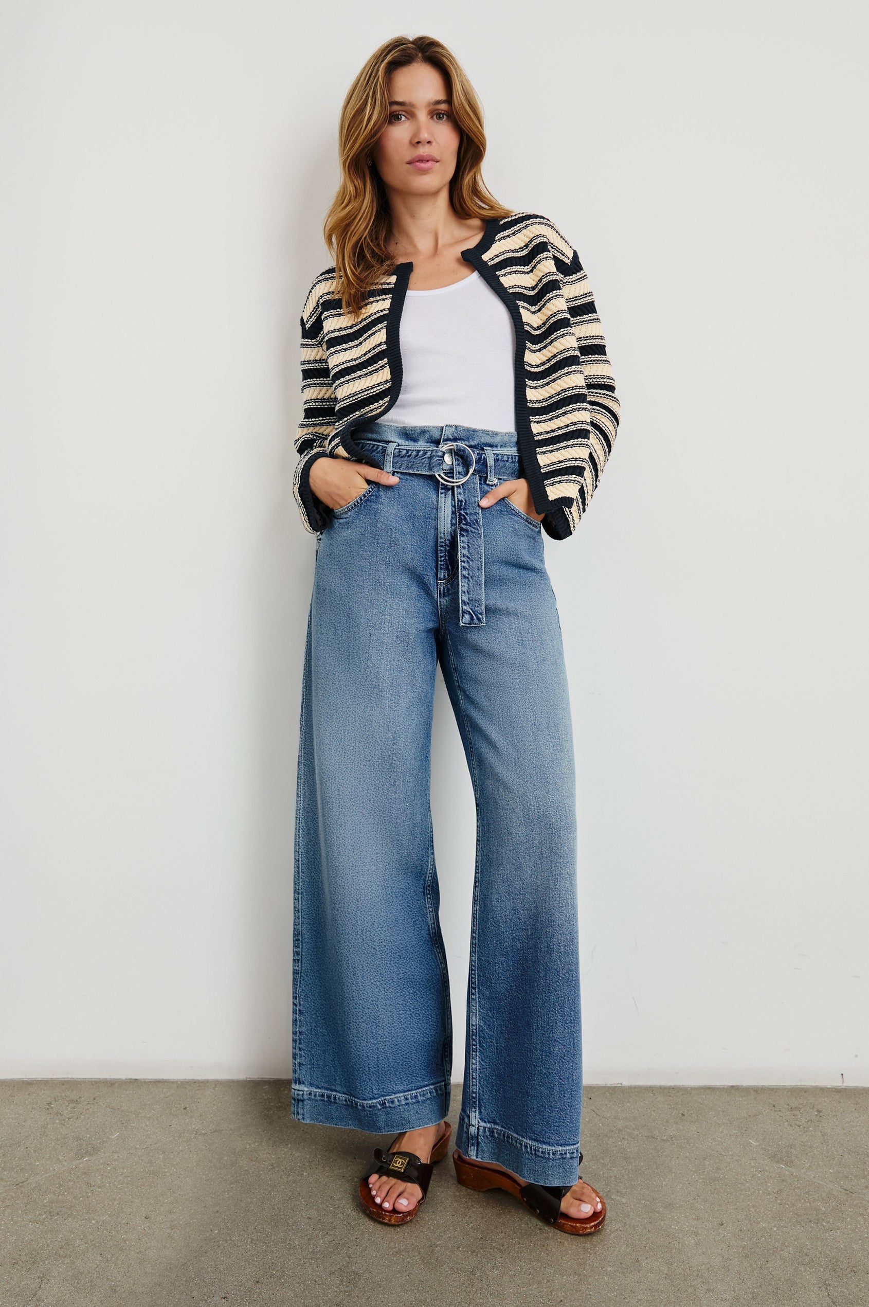 Nelly Long-Sleeve Cardigan with No Front Closure in Navy Oat Stripe Colorway, Horizontal Stripes with Navy trim - Front Full Body View Featured on Model