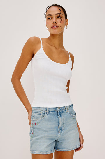 Nika Tank Top in Ribbed Cotton With Scoop Neckline and Spaghetti Shoulder Straps in White Colorway - Upper Body Front View Featured on Model