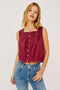 Noemi Top in Cotton Voile With Square Neck, Wide Embroidered Shoulder Straps and Yoke, Front Button-and-Loop Closures, Cropped Boxy Fit, and Ladder Trim in Spice Colorway - Upper Body Front View Featured on Model