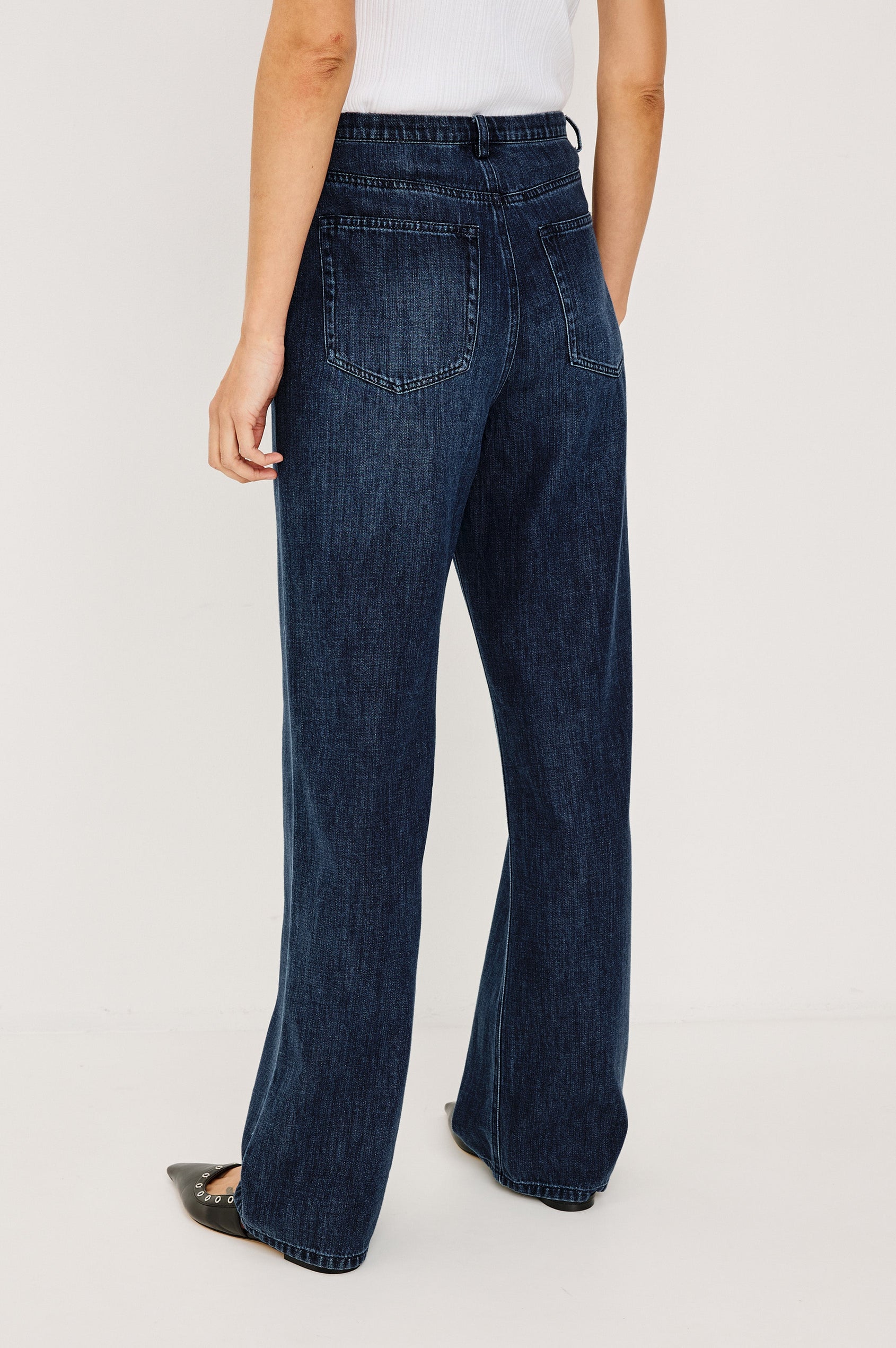 Normandie Lightweight 5-Pocket Denim Wide Leg Pant with front zipper button fly and a drawstring tie at waist in Oceana Colorway. Full Body Back View Featured on Model.