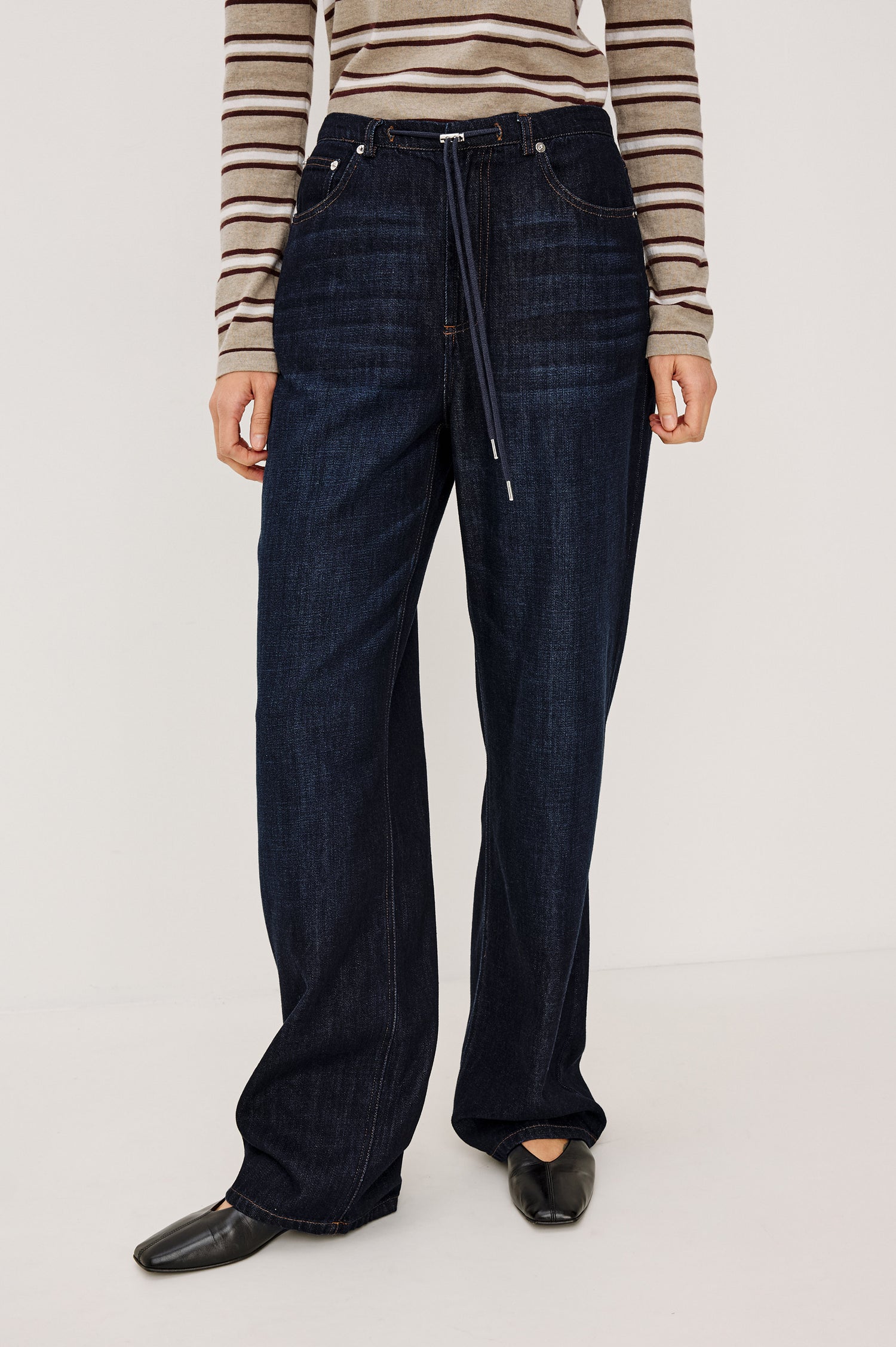 Normandie Pant in Cotton-Lyocell Blend With Relaxed Wide Legs, Drawstring Waistband, Zip Fly, and 5-Pockets in Rinse Wash Colorway -