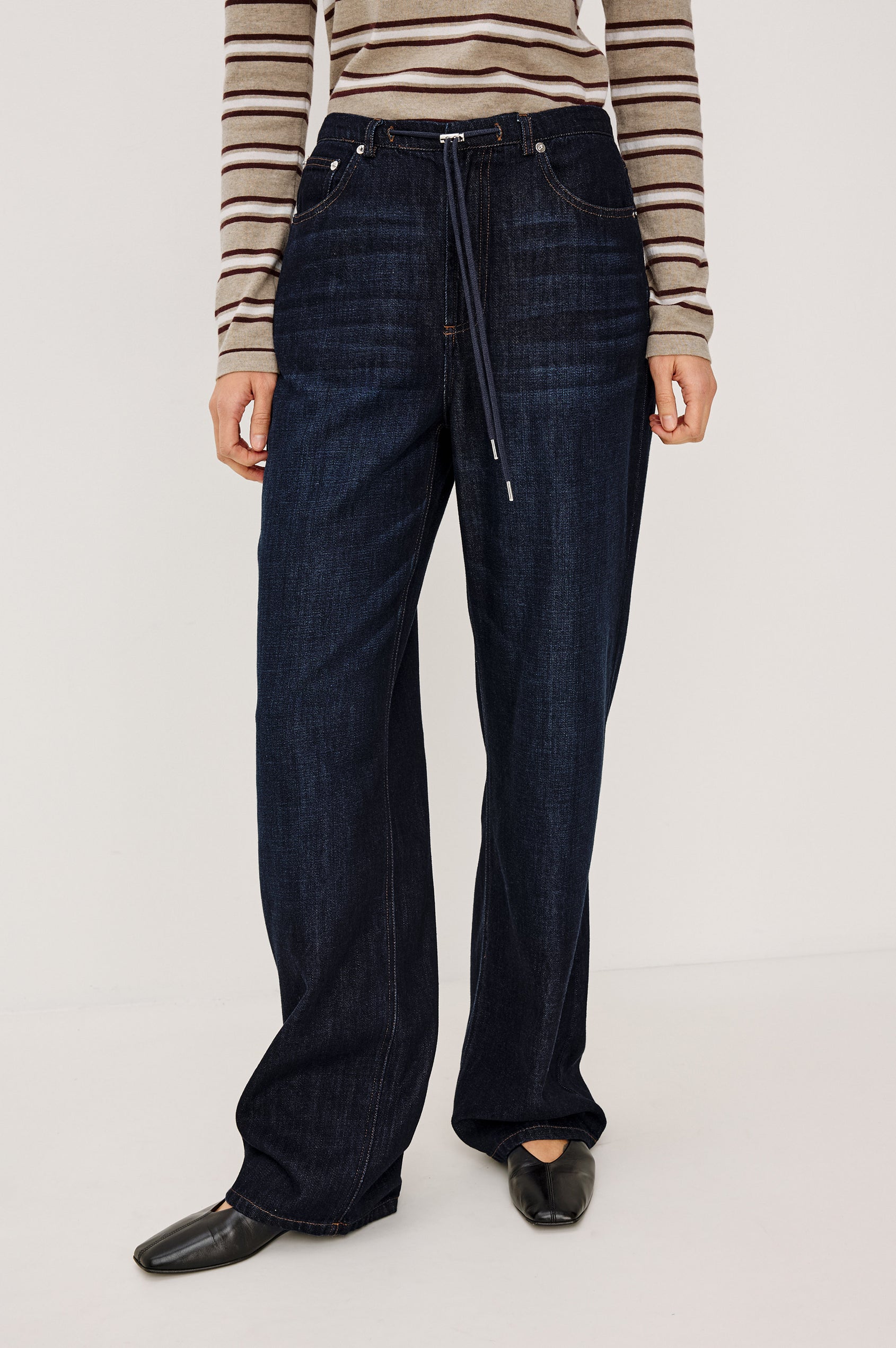 Normandie Pant in Cotton-Lyocell Blend With Relaxed Wide Legs, Drawstring Waistband, Zip Fly, and 5-Pockets in Rinse Wash Colorway -