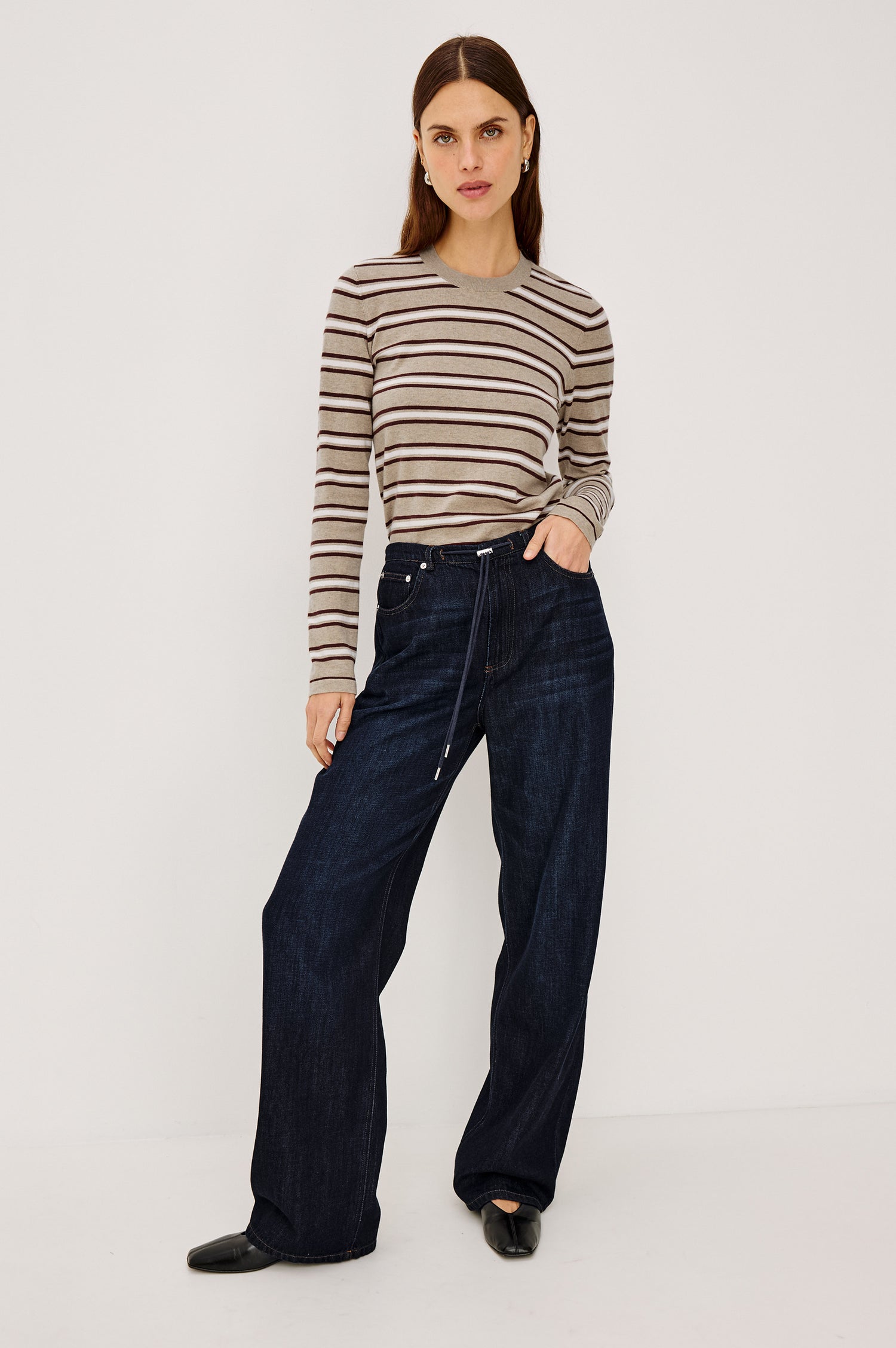 Normandie Pant in Cotton-Lyocell Blend With Relaxed Wide Legs, Drawstring Waistband, Zip Fly, and 5-Pockets in Rinse Wash Colorway - Full Body Front View Featured on Model
