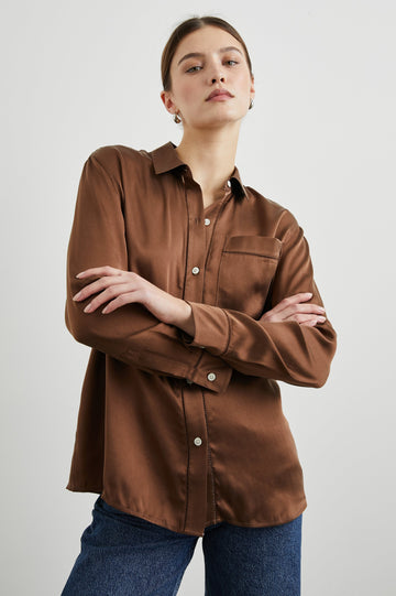 Oak Long-Sleeve Button Up with a Chest Patch Pocket in Espresso Colorway - Front View Featured on Model