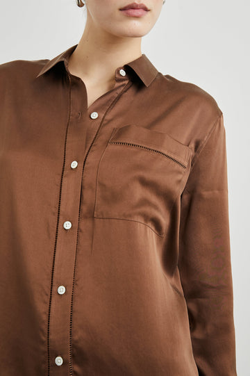 Oak Long-Sleeve Button Up with a Chest Patch Pocket in Espresso Colorway - Front View Featured on Model