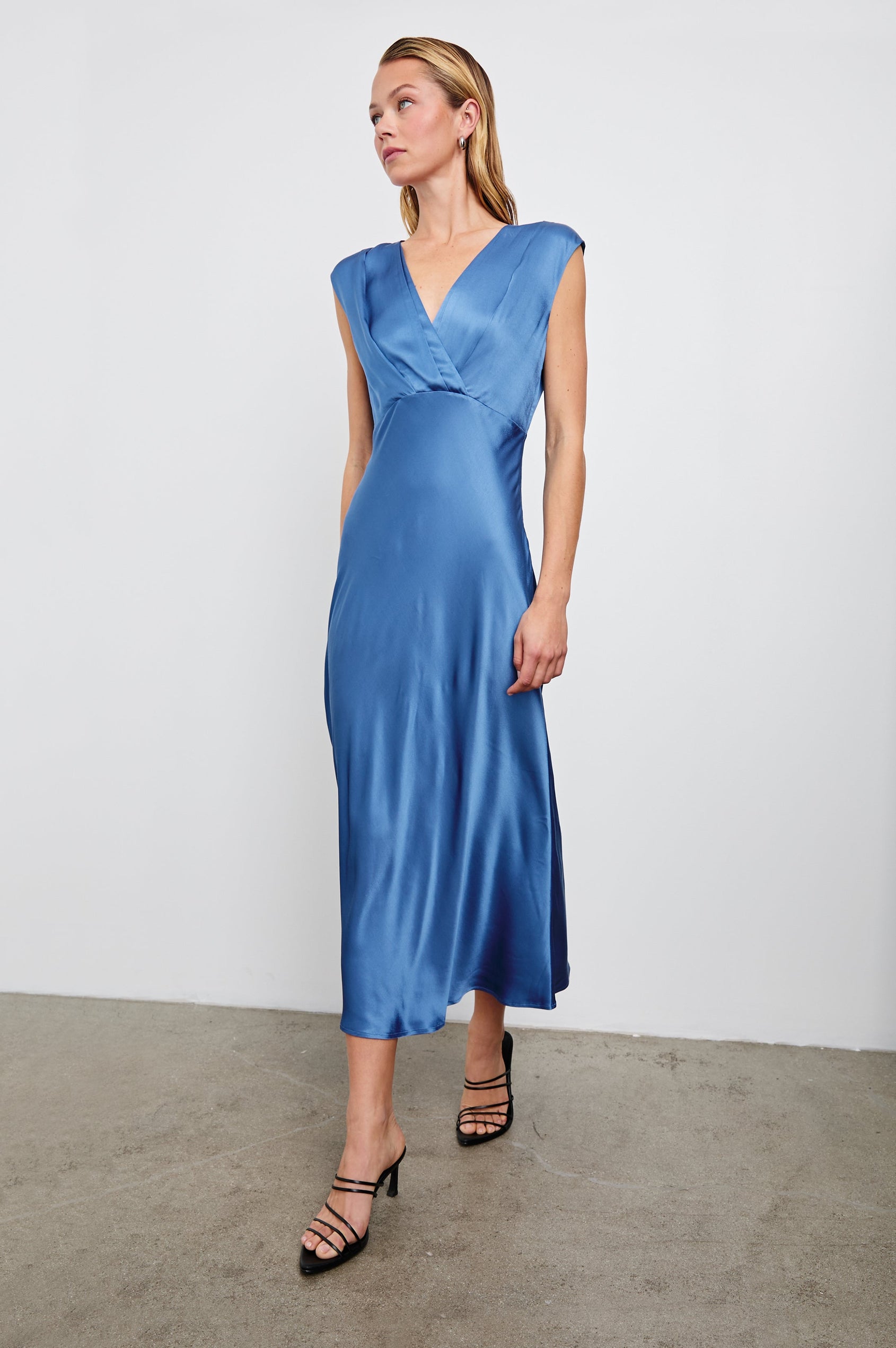 atlantic blue dress blue formal maxi dress Blue Wedding Maxi Dress Slim Fit with Pleated Shoulder Detail Atlantic Depth /