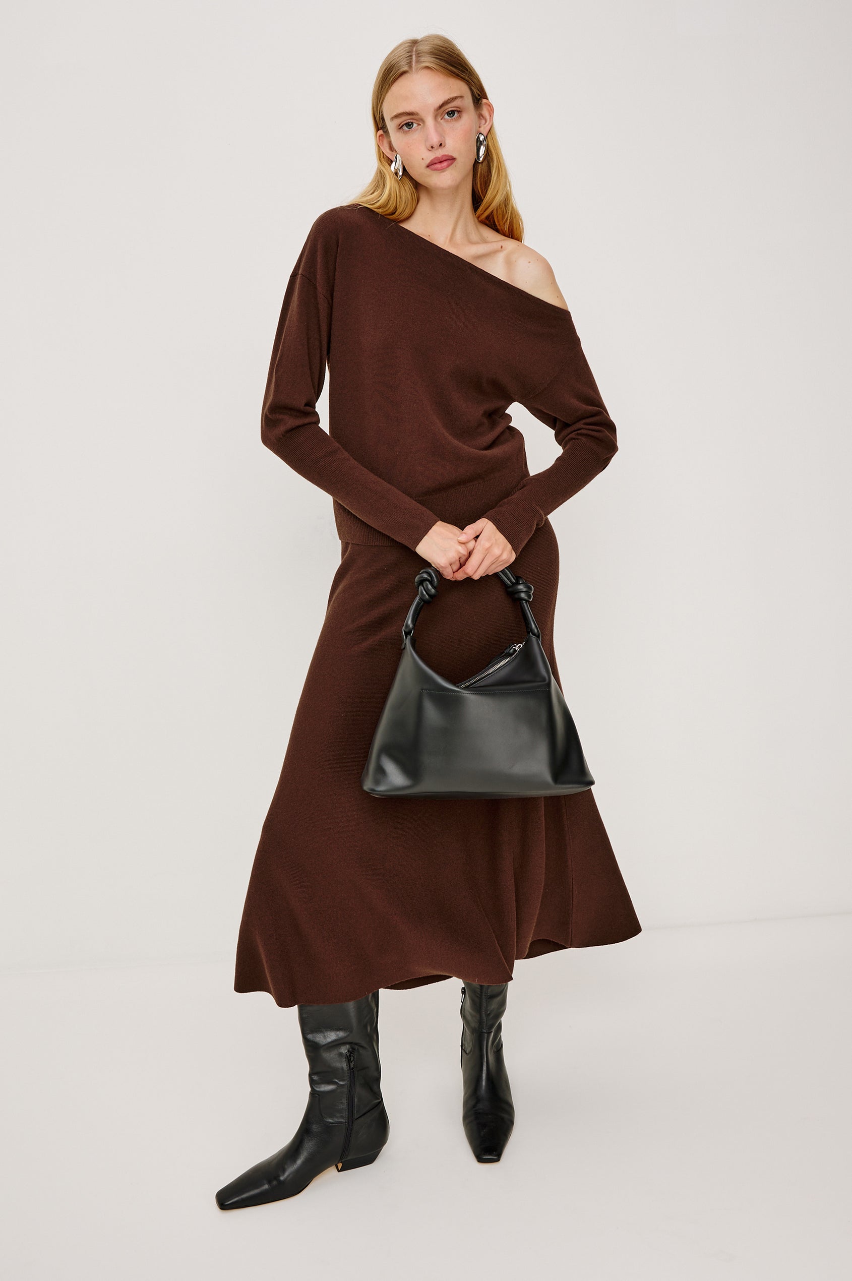 Odita High-Waisted A-lIne Midi Skirt in Wool Blend in Bordeaux Colorway - Full Body Front View Featured on Model