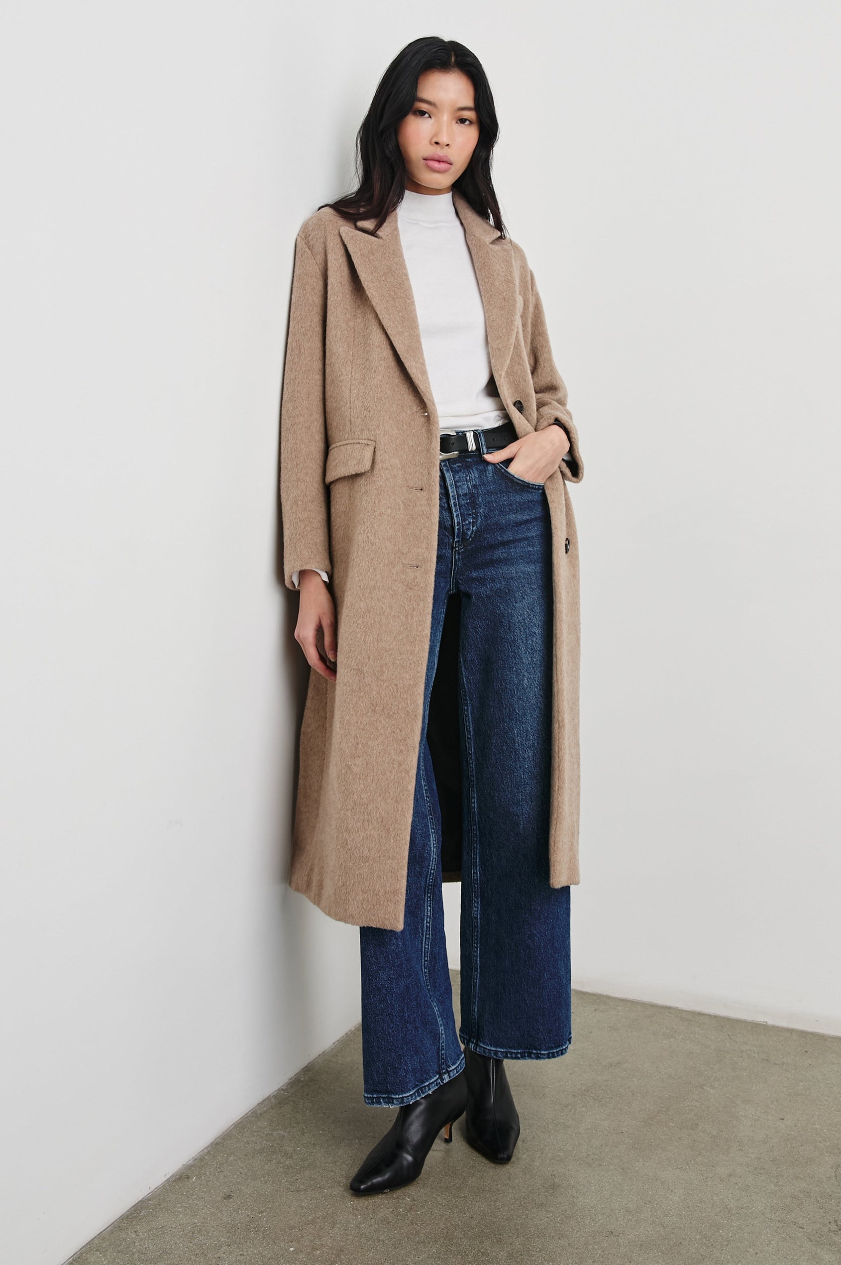 Opera Below-the-Knee Length Coat with V Neck, Three-Button Closure and Two Front Flap Patch Pockets in Heather Latte Colorway - Front Full Body View Featured on Model