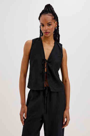 Oregon Sleeveless Vest Top with Tie Front in Black Colorway. Front View Shown on Model.