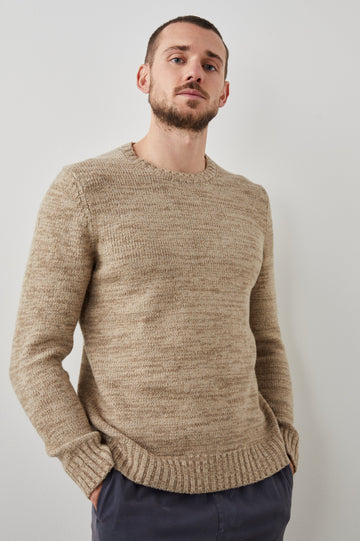 Orrin Long-Sleeve Sweater with a Crew Neck and Ribbed Trim in Toasted Barley Colorway - Front View Featured on Model 