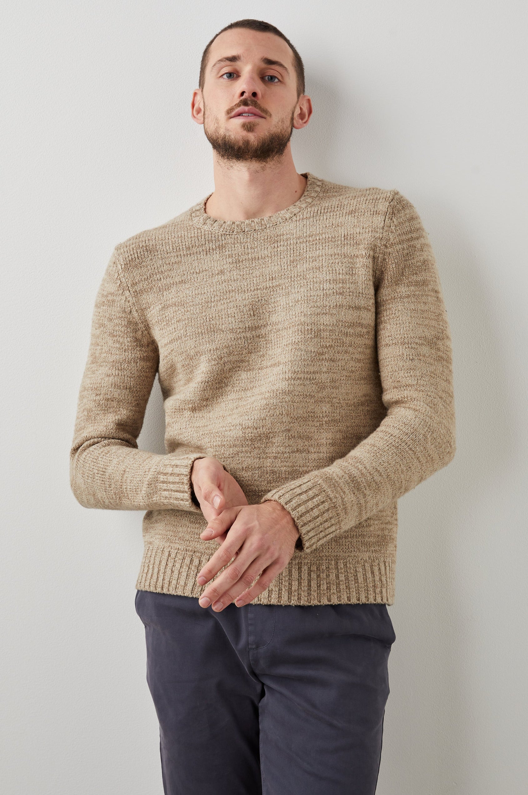 Orrin Long-Sleeve Sweater with a Crew Neck and Ribbed Trim in Toasted Barley Colorway - Front View Featured on Model 