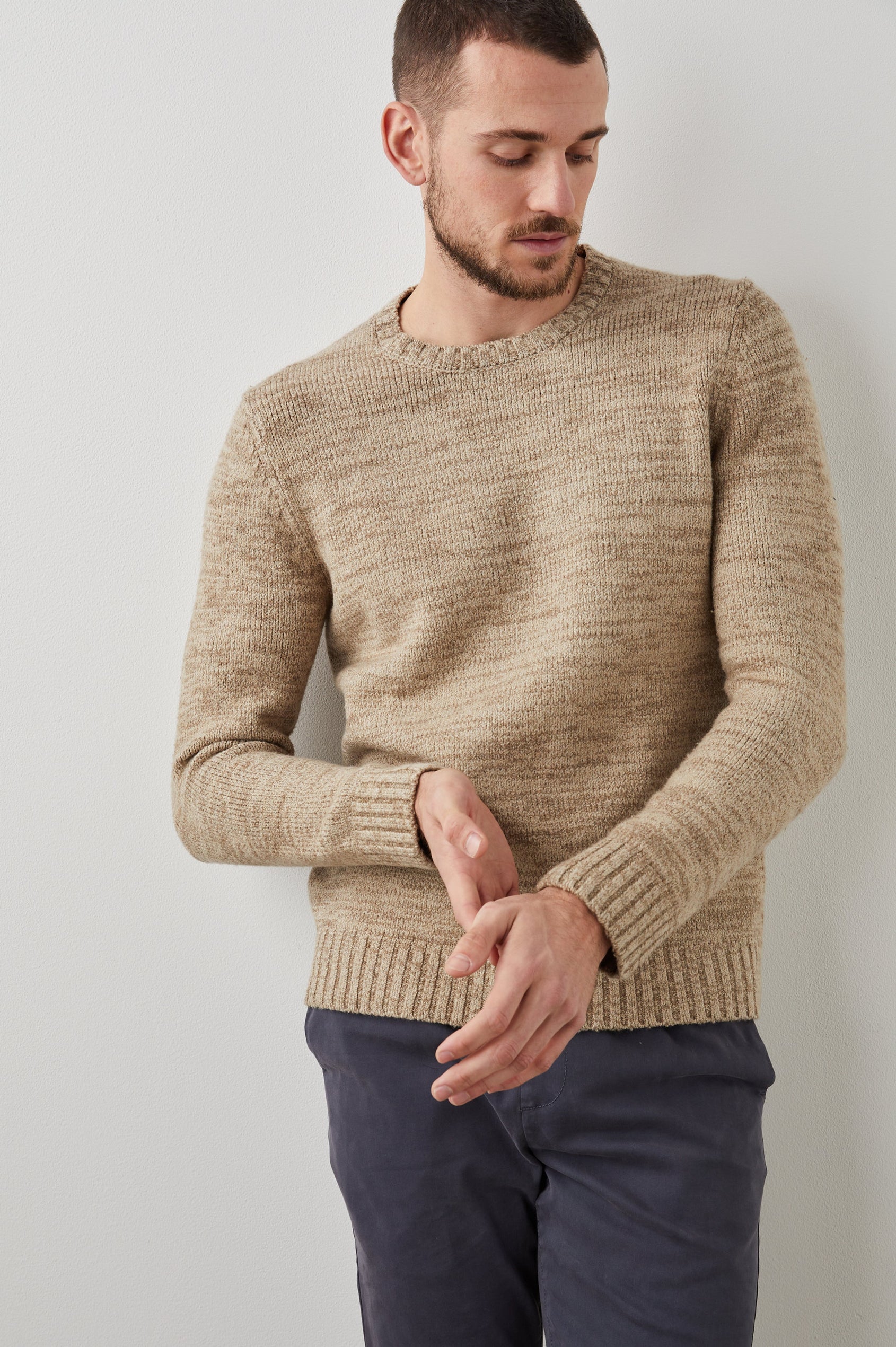 Orrin Long-Sleeve Sweater with a Crew Neck and Ribbed Trim in Toasted Barley Colorway - Front View Featured on Model 