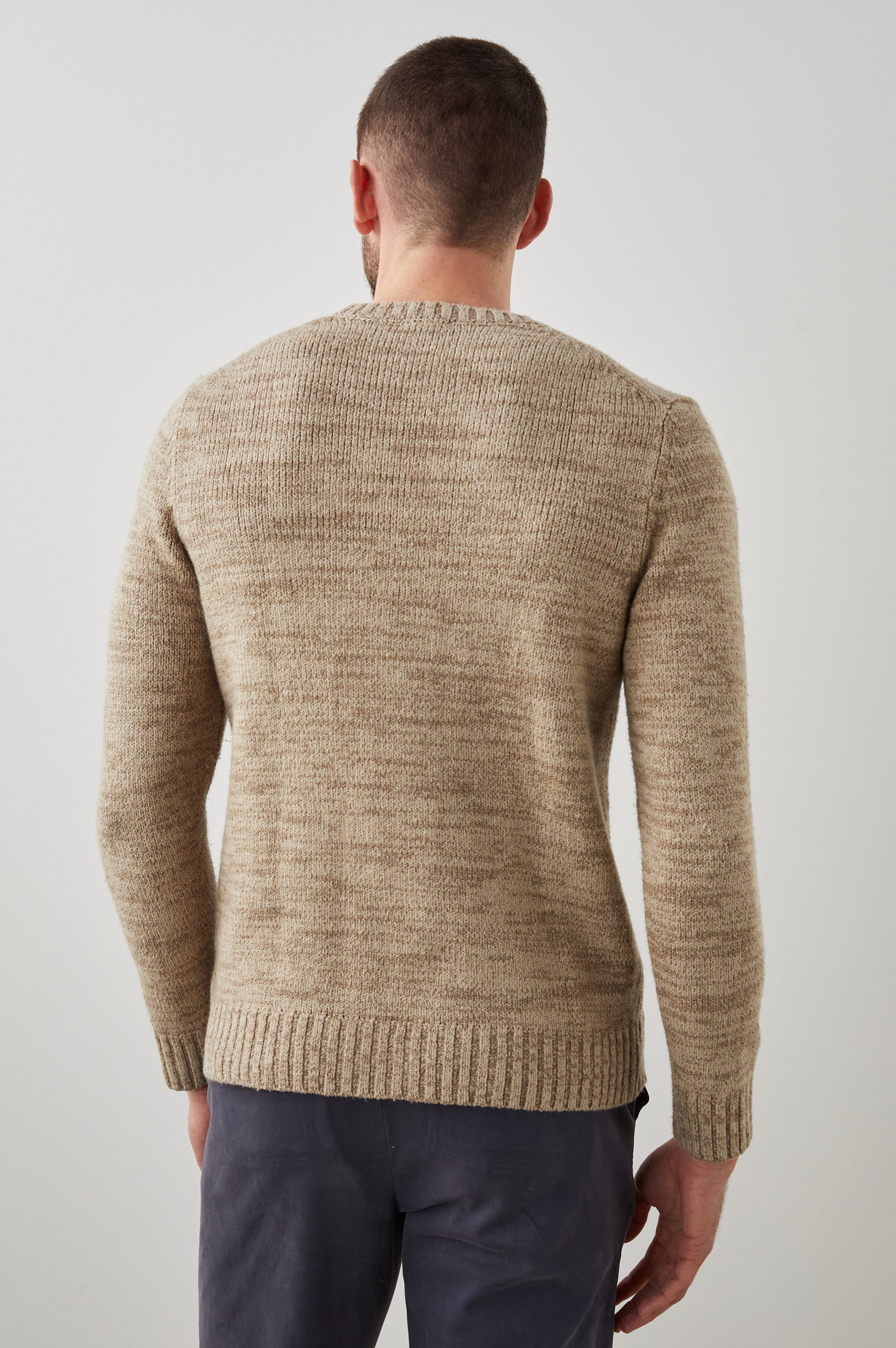 Orrin Long-Sleeve Sweater with a Crew Neck and Ribbed Trim in Toasted Barley Colorway - Back View Featured on Model 
