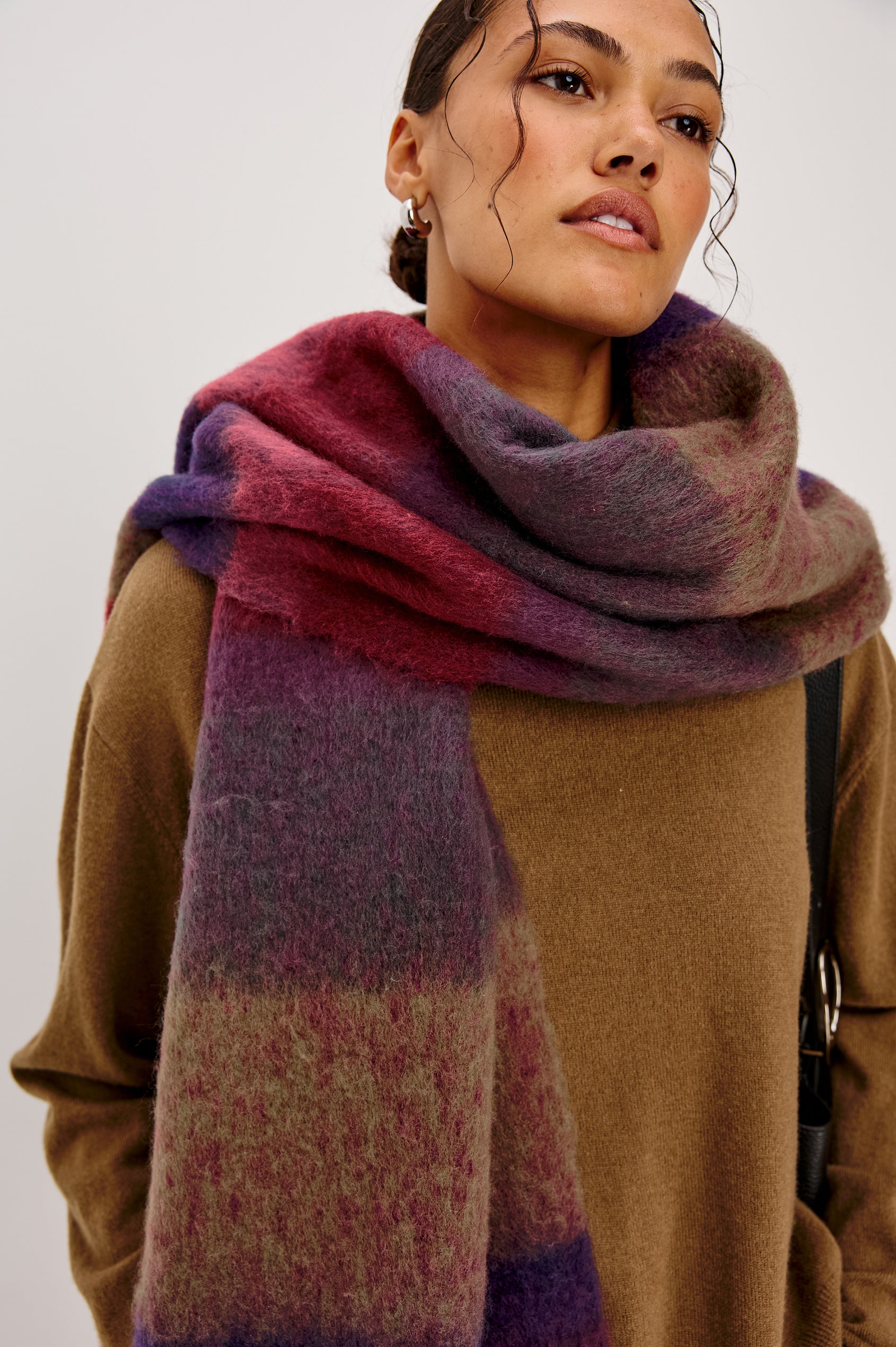 Oslo Wide Oversized Scarf in Brushed Poly With Fringe Detailing in Jewel Stripe Colorway - Upper Body Close Up View Featured on Model