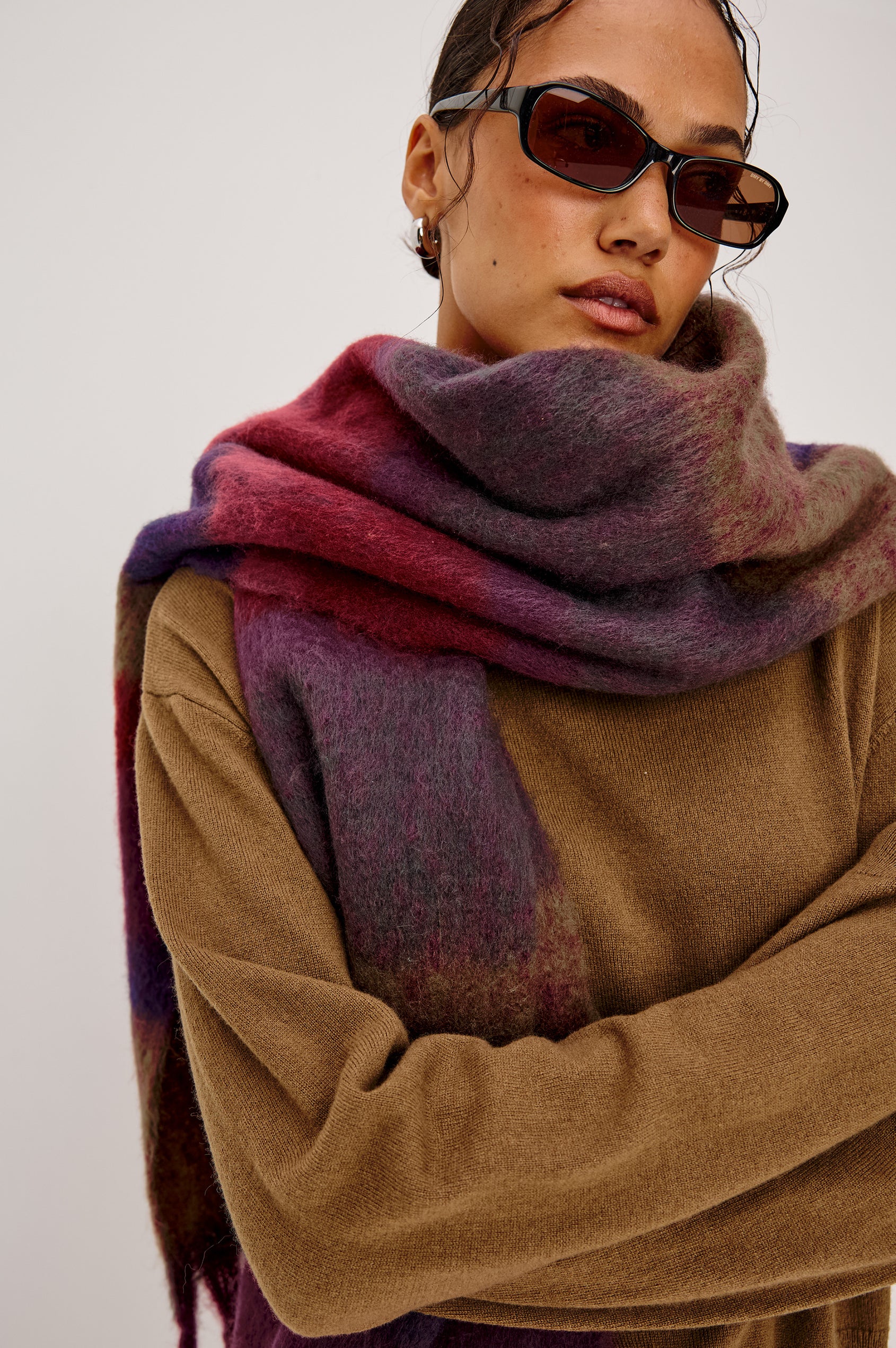 Oslo Wide Oversized Scarf in Brushed Poly With Fringe Detailing in Jewel Stripe Colorway - Full Body Front View Featured on Model