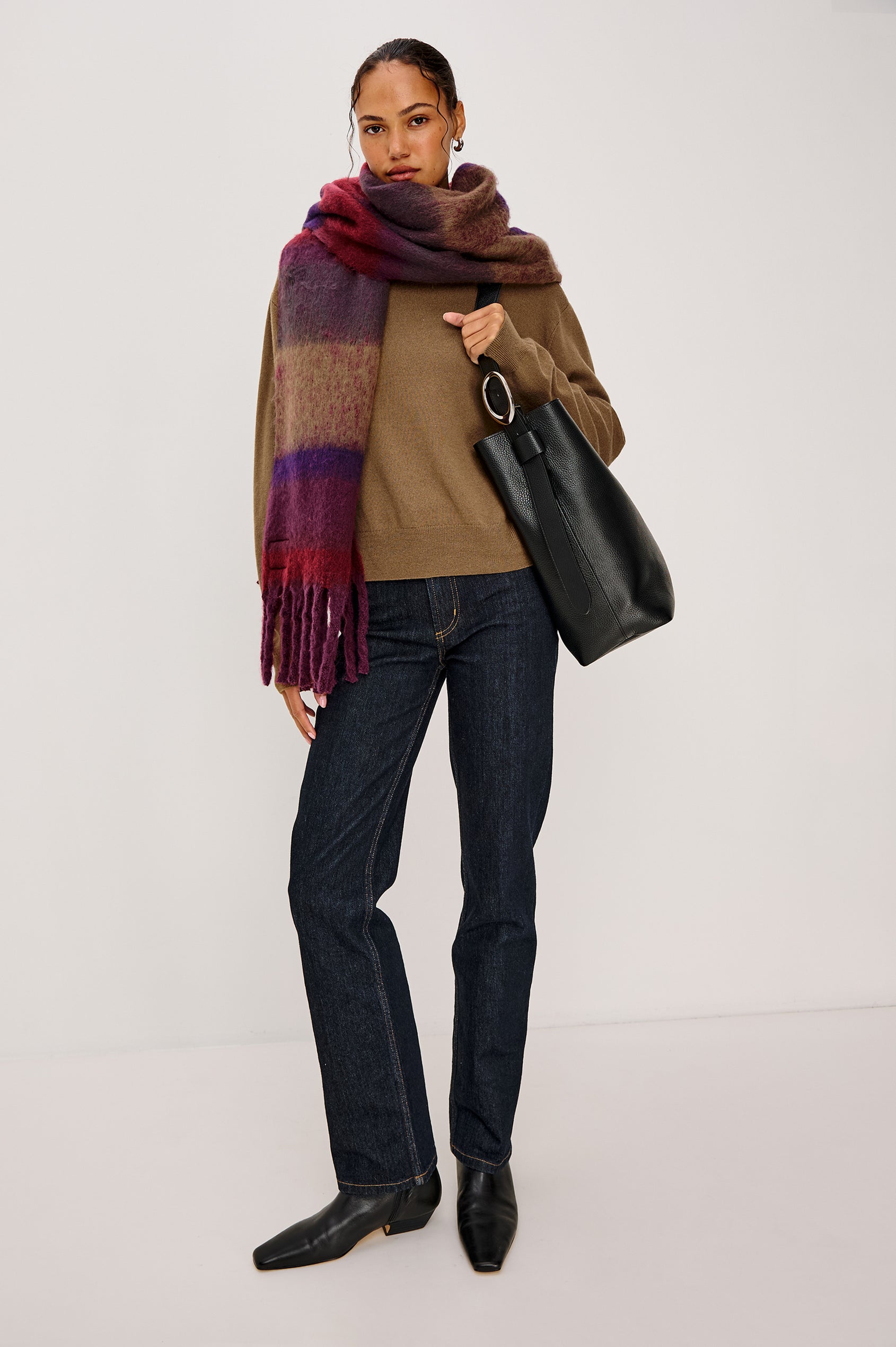 Oslo Wide Oversized Scarf in Brushed Poly With Fringe Detailing in Jewel Stripe Colorway - Upper Body Close Up View Featured on Model