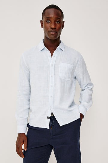 Owens Button-Up Shirt in Lightweight Cotton With Subtle Texture, Collar, Long Sleeves, and Chest Patch Pocket in Coastal Mist Colorway - Upper Body Front View Featured on Model