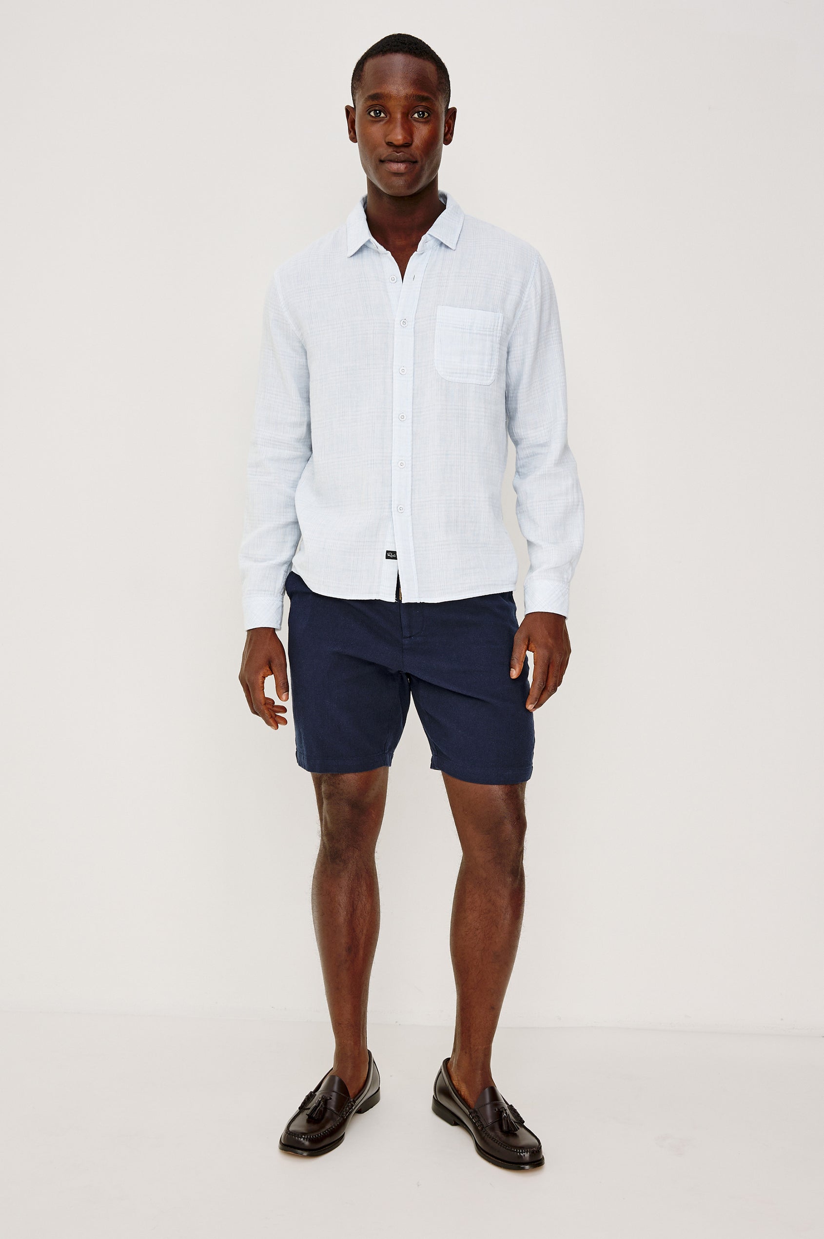 Owens Button-Up Shirt in Lightweight Cotton With Subtle Texture, Collar, Long Sleeves, and Chest Patch Pocket in Coastal Mist Colorway - Full Body Front View Featured on Model