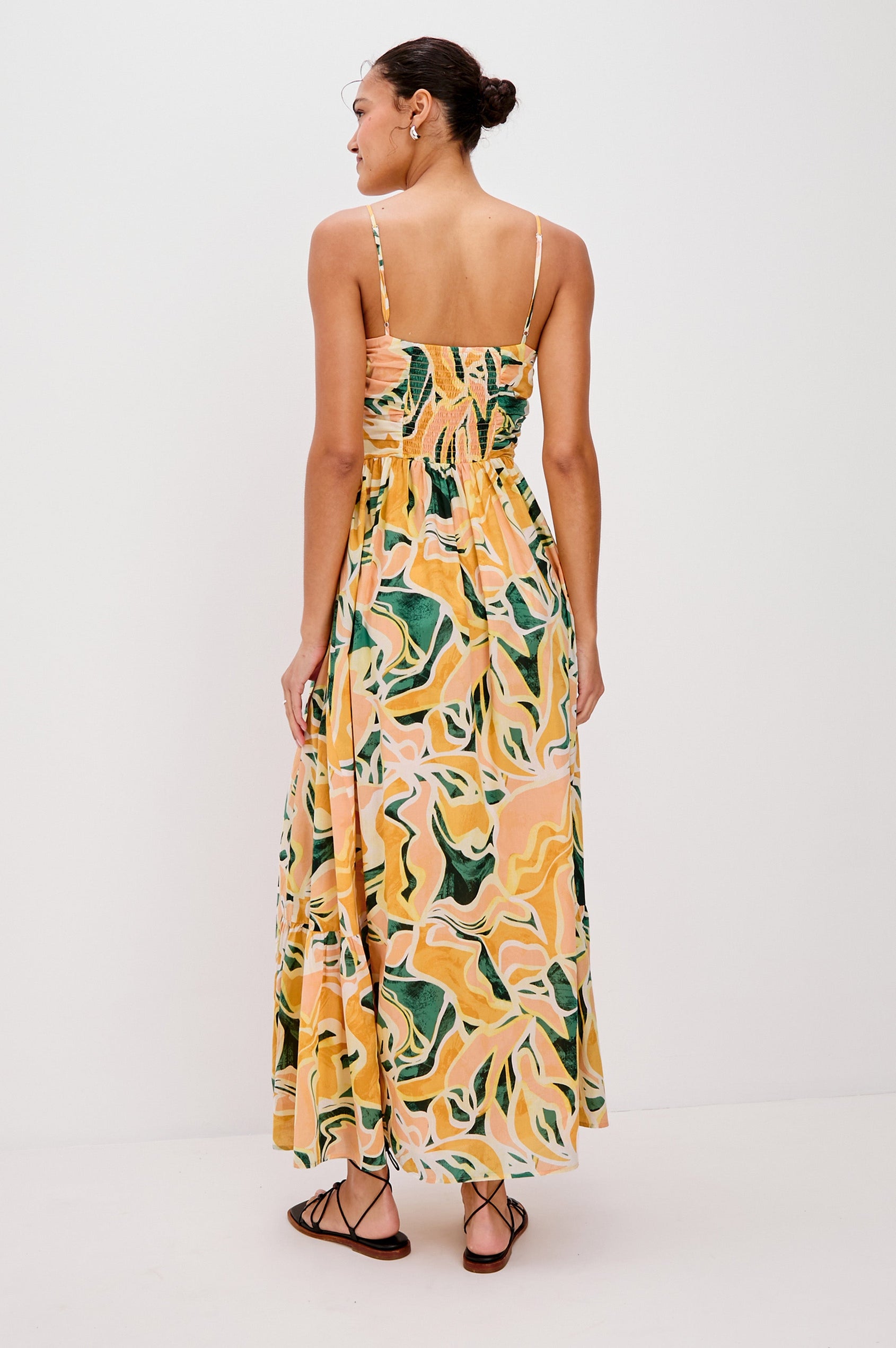 Palm V-Neck Midi Dress with Spaghetti Straps and Gathering Details on Bodice in Tulum Colorway. Full Body Back View Shown on Model.