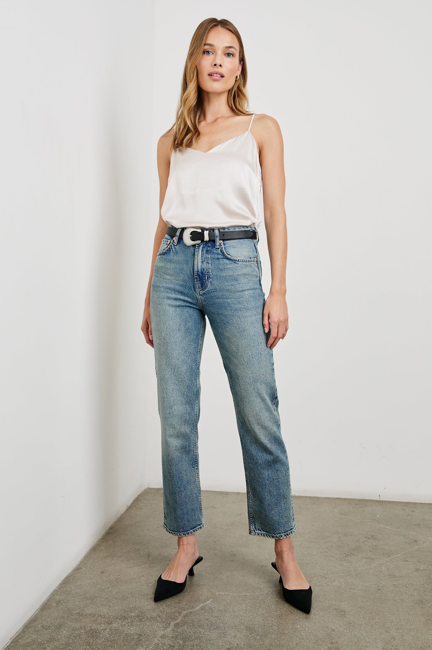 Paola Tank Top with a Deep V Neck and Adjustable Spaghetti Straps in Ivory Colorway - Front Full Body View Featured on Model