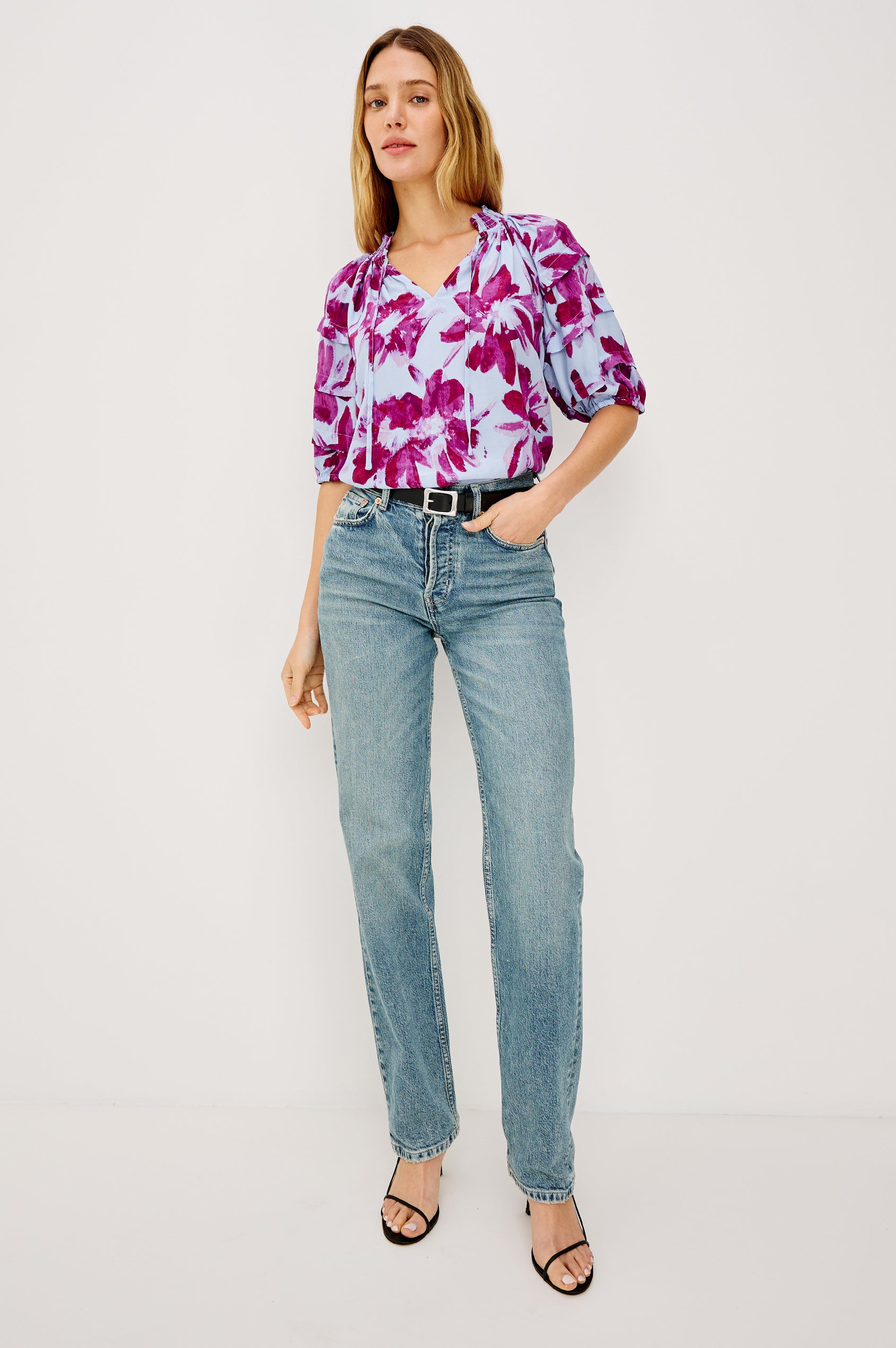 Paris Short-Sleeve Top with Shirred Collar, V-neckline with Ties, Deep Pleats on Sleeves and Elastic at the Sleeve Opening in Blue Lily Colorway, Blues and Pink- Front View Featured on Model